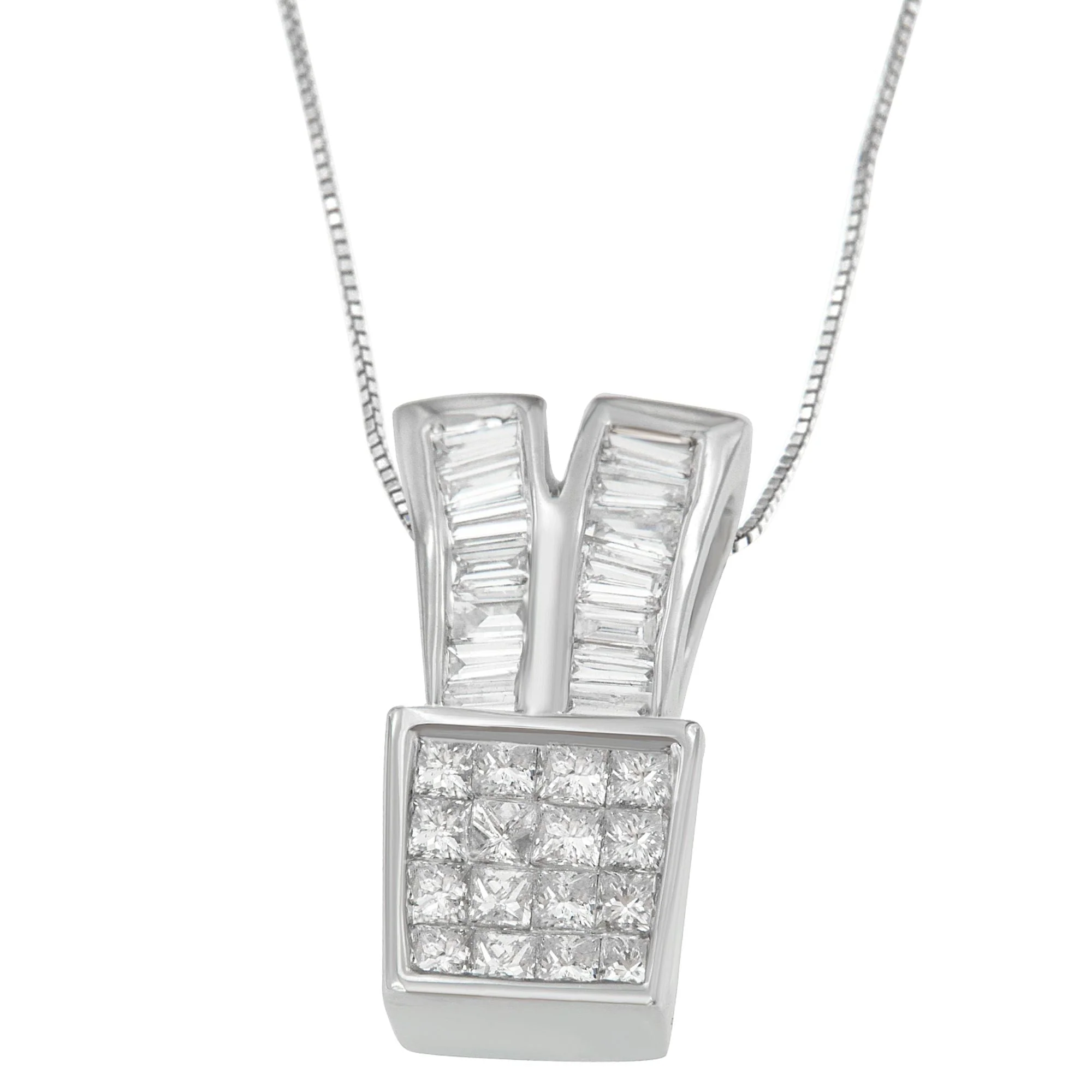 14K White Gold 1 1/3 cttw Princess and Baguette Cut Diamond Sparkling Shapes Pendant Necklace (H-I, SI1-SI2) - Image 5