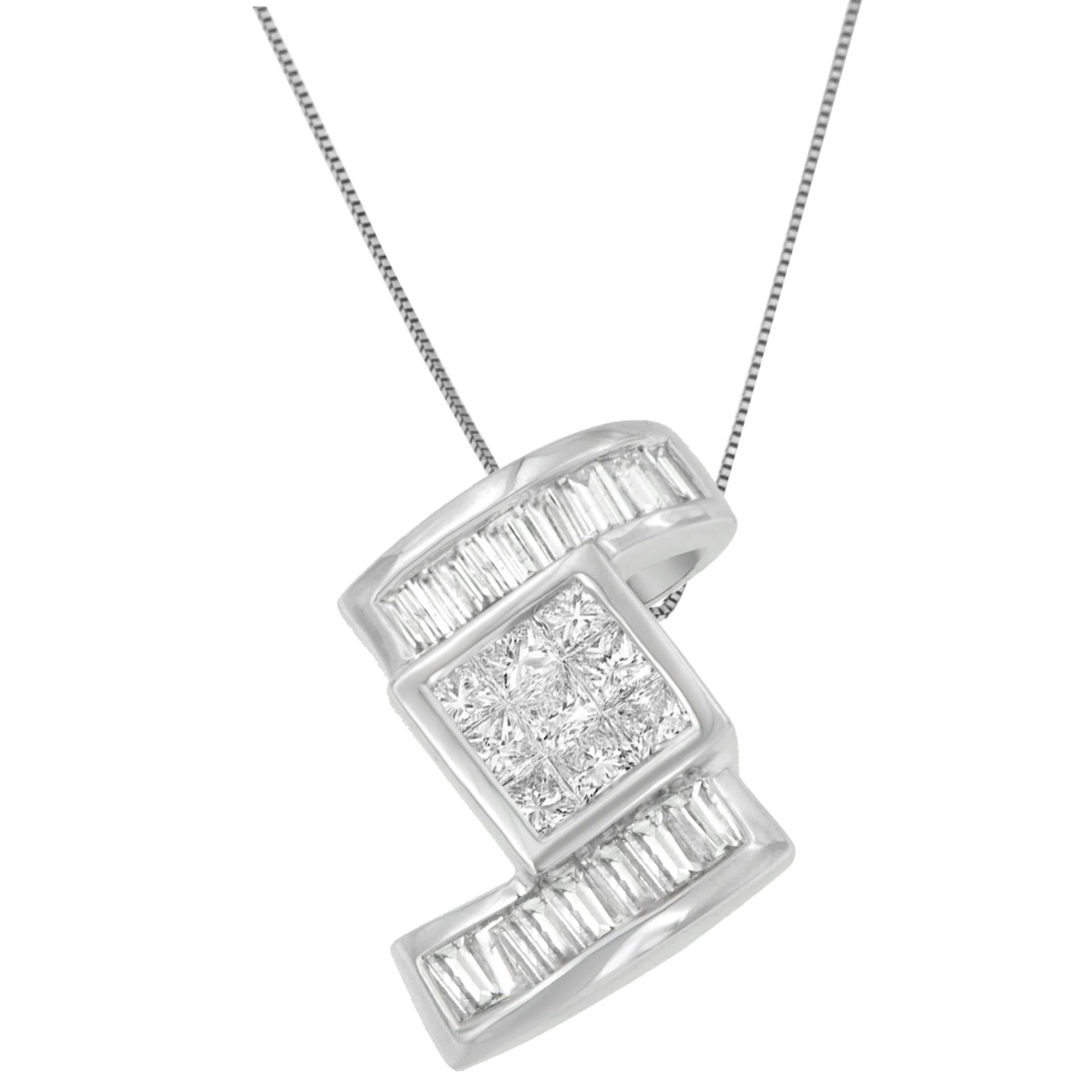 14K White Gold 1 2/5 cttw Princess and Baguette Cut Diamond Zig Zag Pendant Necklace (H-I, SI1-SI2) - Image 4