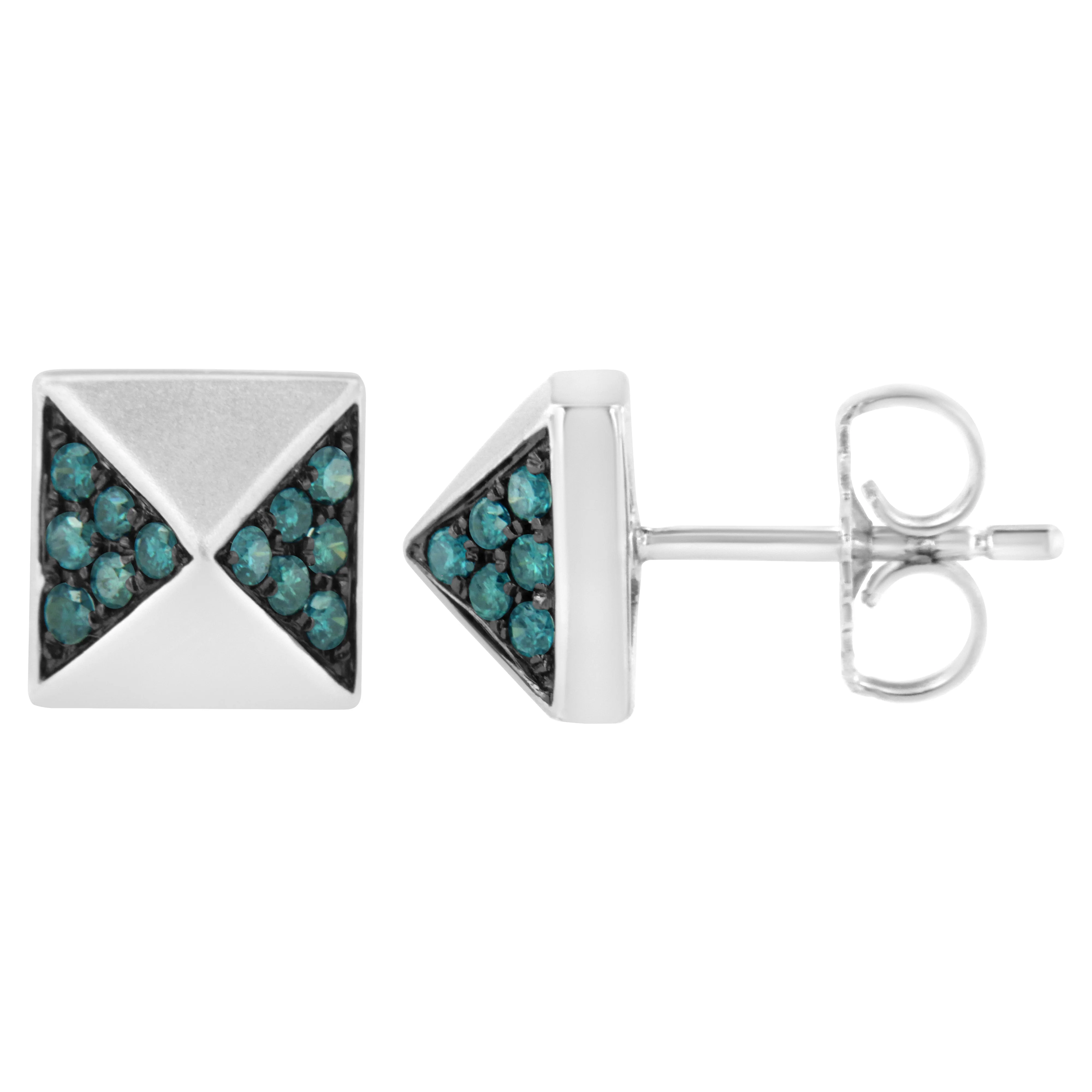 14K White Gold 1/4 Cttw Treated Blue Diamond Pyramid Stud Earring (Blue Color, SI1-SI2 Clarity) - Image 2