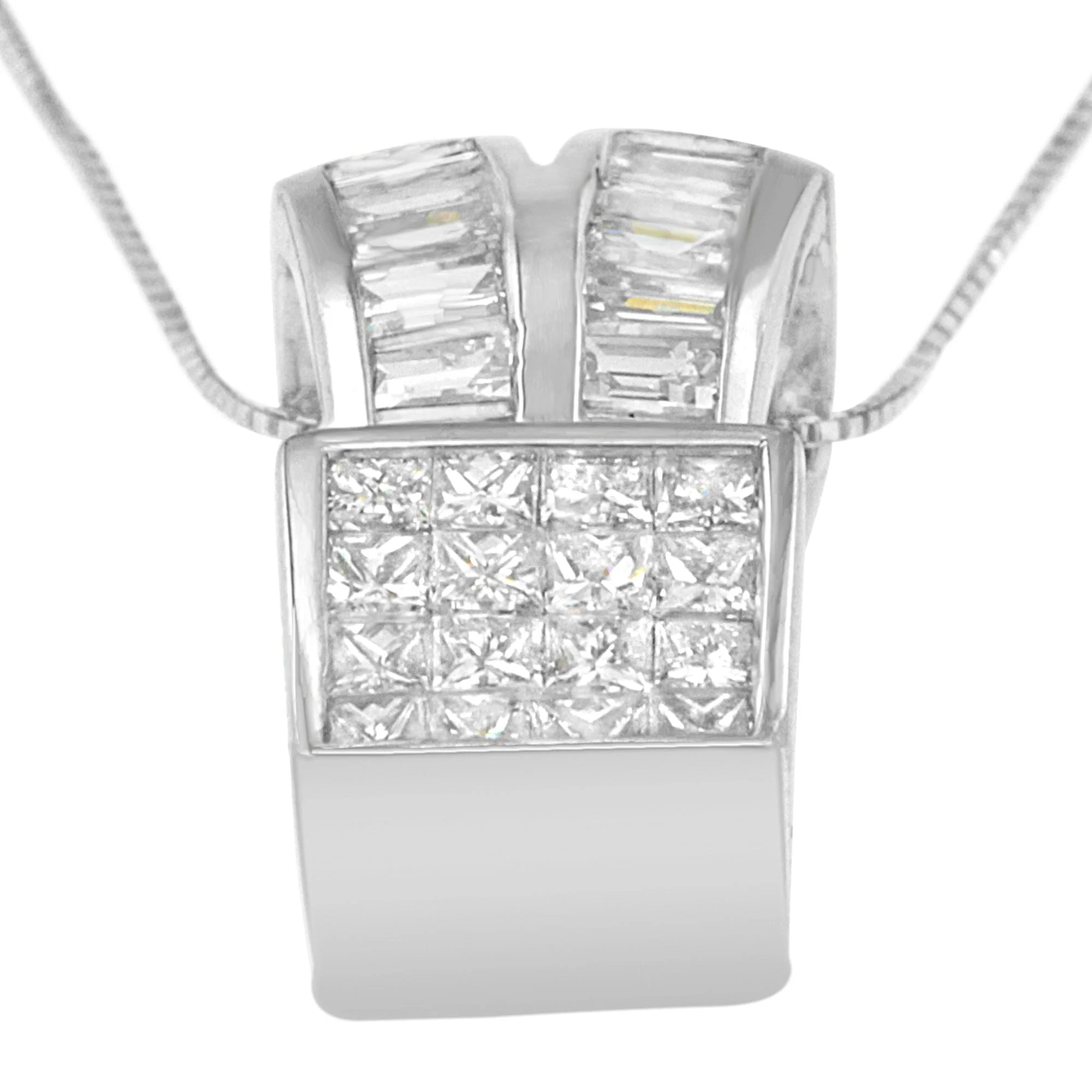 14K White Gold 1 5/8 cttw Princess and Baguette Cut Diamond Heart Ribbon Pendant Necklace (G-H, VS1-VS2) - Image 10