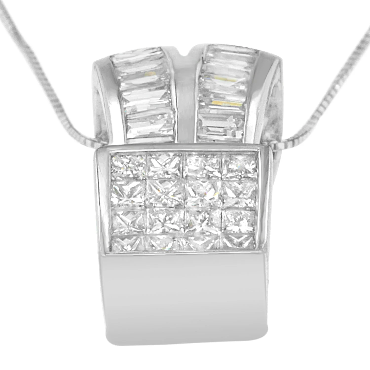 14K White Gold 1 5/8 cttw Princess and Baguette Cut Diamond Heart Ribbon Pendant Necklace (G-H, VS1-VS2) - Image 4