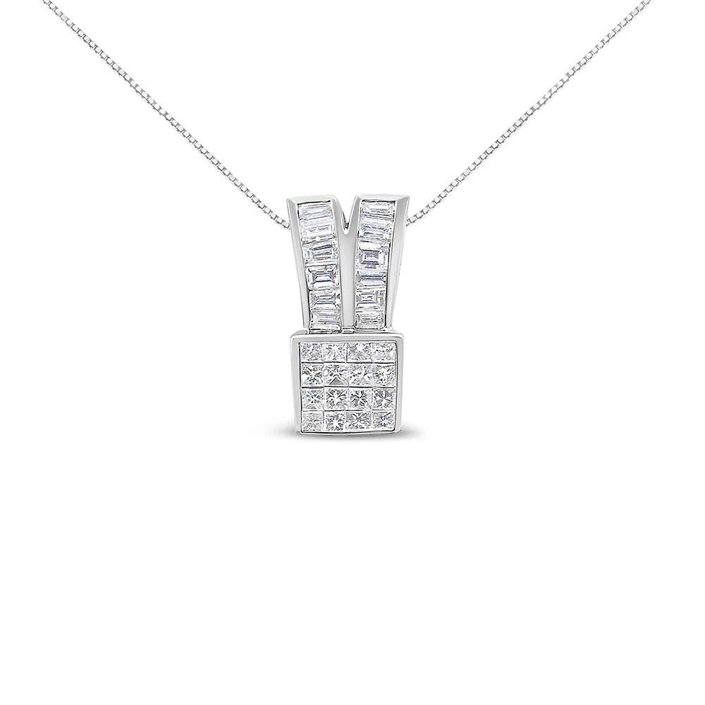 14K White Gold 1 5/8 cttw Princess and Baguette Cut Diamond Heart Ribbon Pendant Necklace (G-H, VS1-VS2) - Image 7