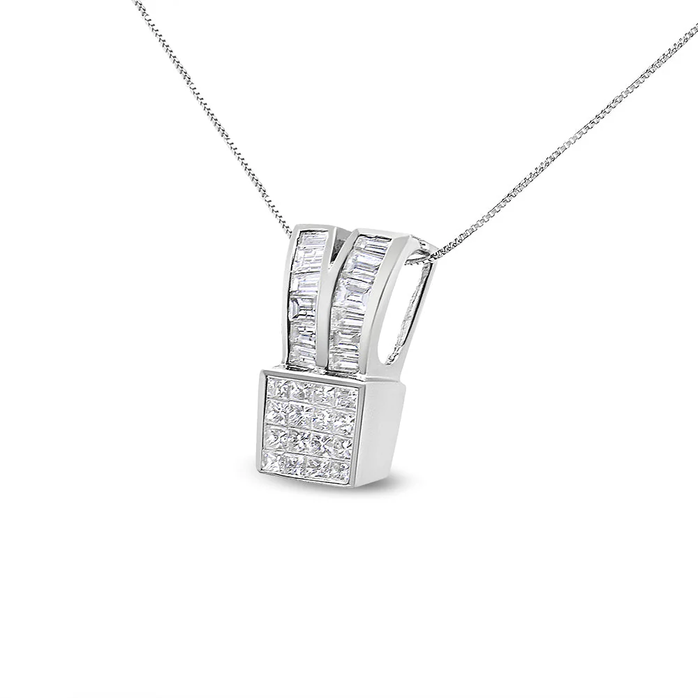 14K White Gold 1 5/8 cttw Princess and Baguette Cut Diamond Heart Ribbon Pendant Necklace (G-H, VS1-VS2) - Image 8
