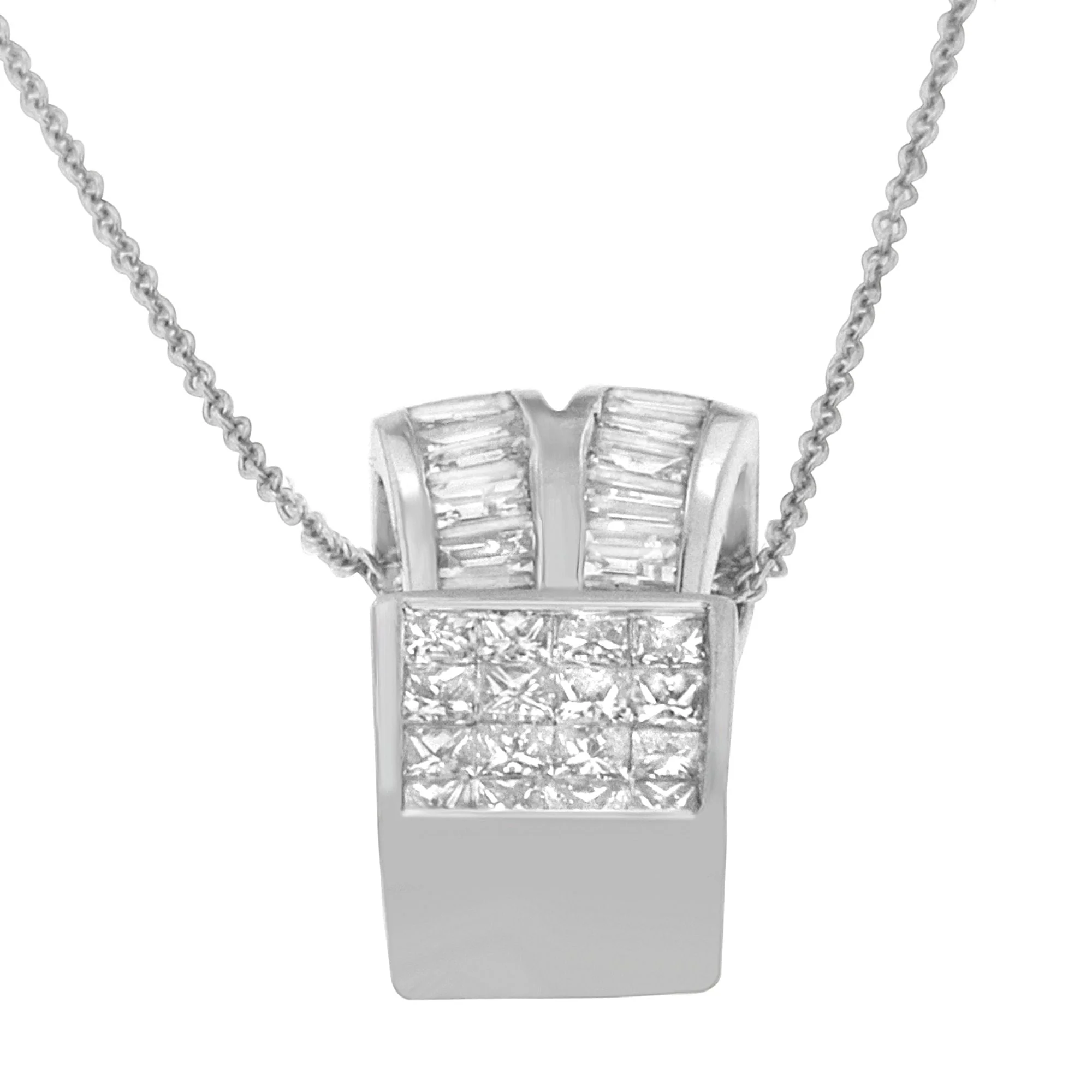 14K White Gold 1 5/8 cttw Princess and Baguette Cut Diamond Heart Ribbon Pendant Necklace (G-H, VS1-VS2) - Image 9