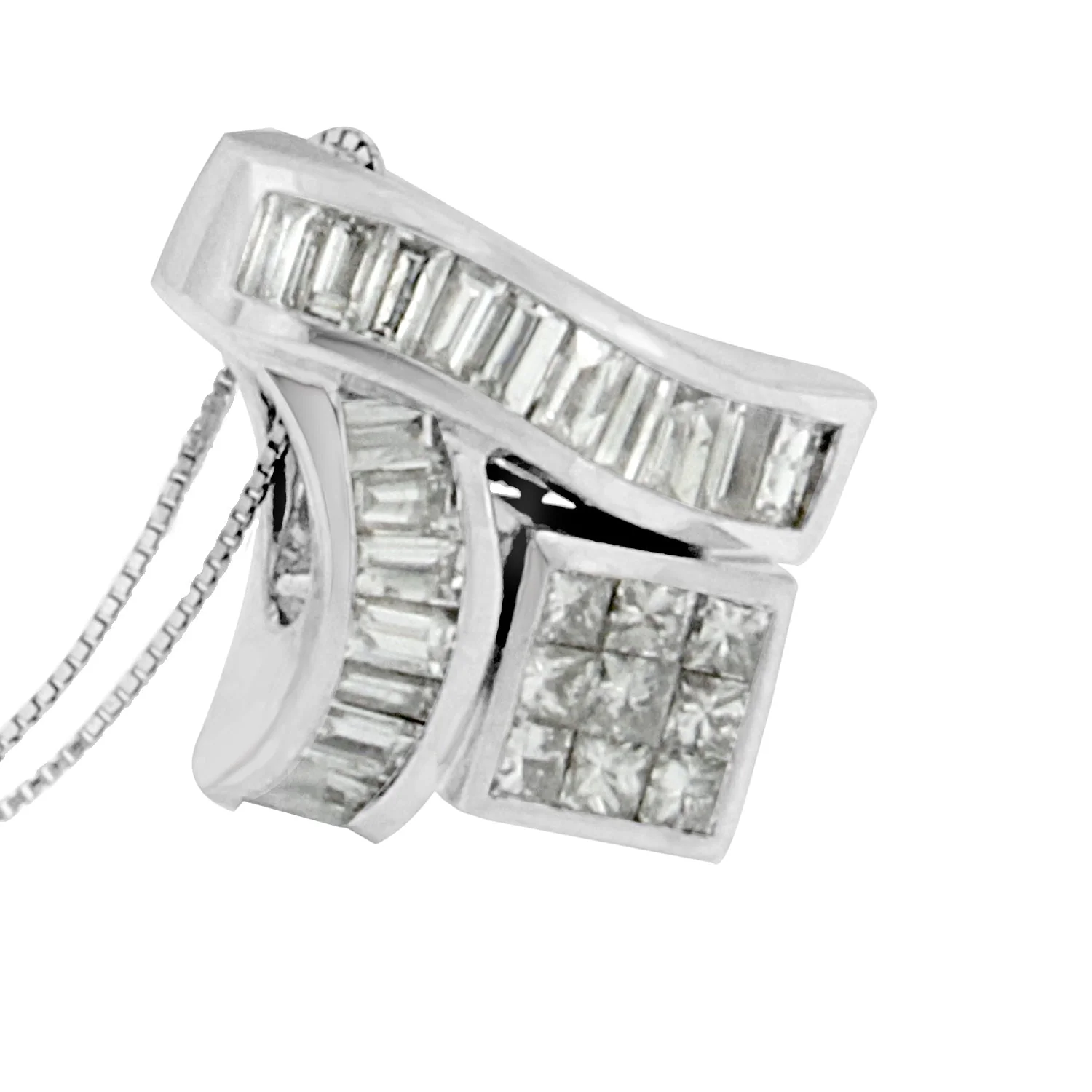 14K White Gold 1 7/8 cttw Princess and Baguette Cut Mixed Geometry Diamond Pendant Necklace (G-H, SI1-SI2)