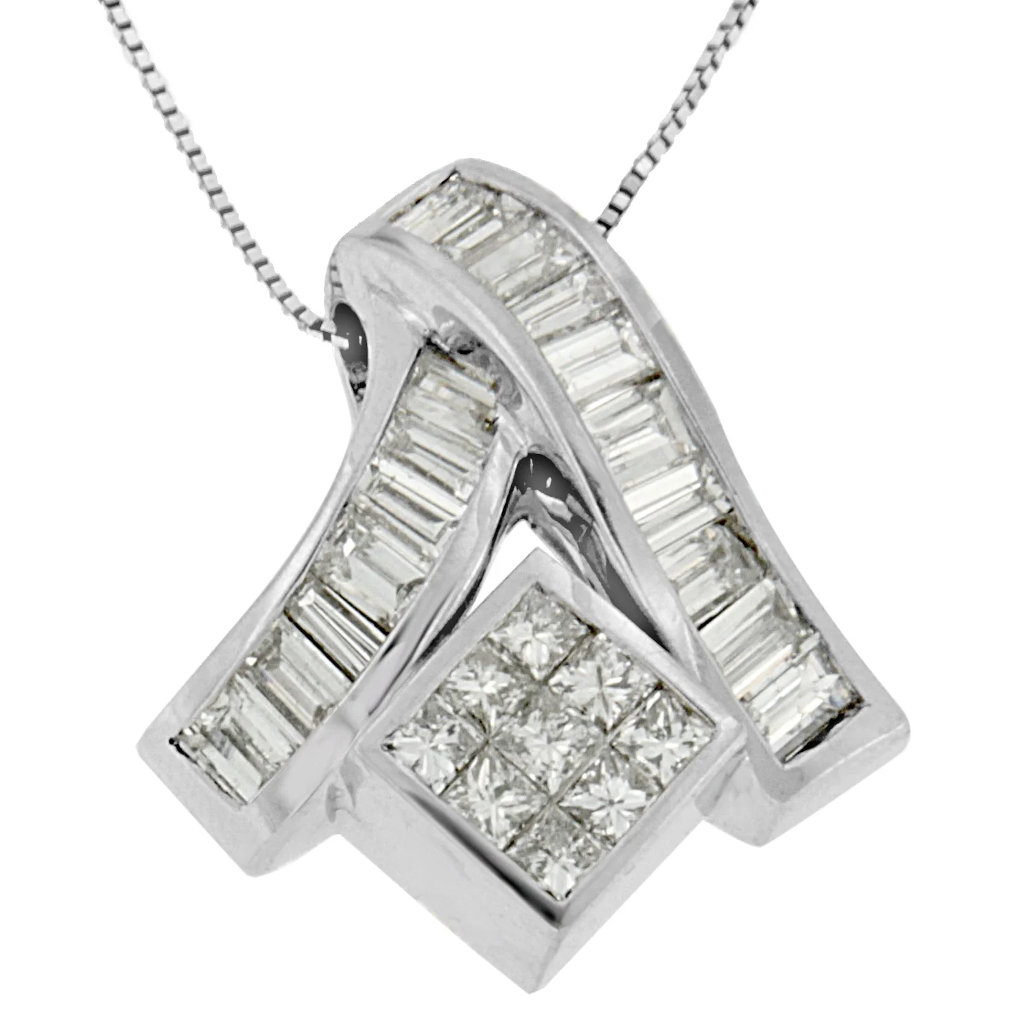 14K White Gold 1 7/8 cttw Princess and Baguette Cut Mixed Geometry Diamond Pendant Necklace (G-H, SI1-SI2) - Image 2