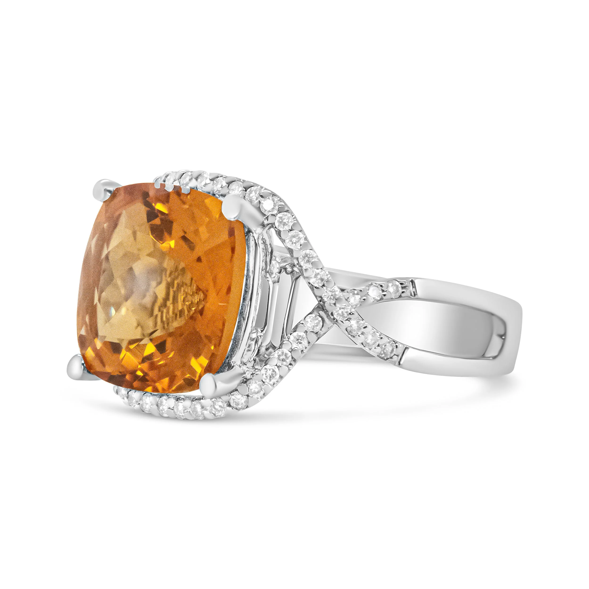 14K White Gold 12mm Cushion Cut Yellow Citrine Gemstone and 1/3 Cttw Round Pave-Set Diamond Ring - (H-I Color, VS1-VS2 Clarity)- Size 6.5 - Image 11