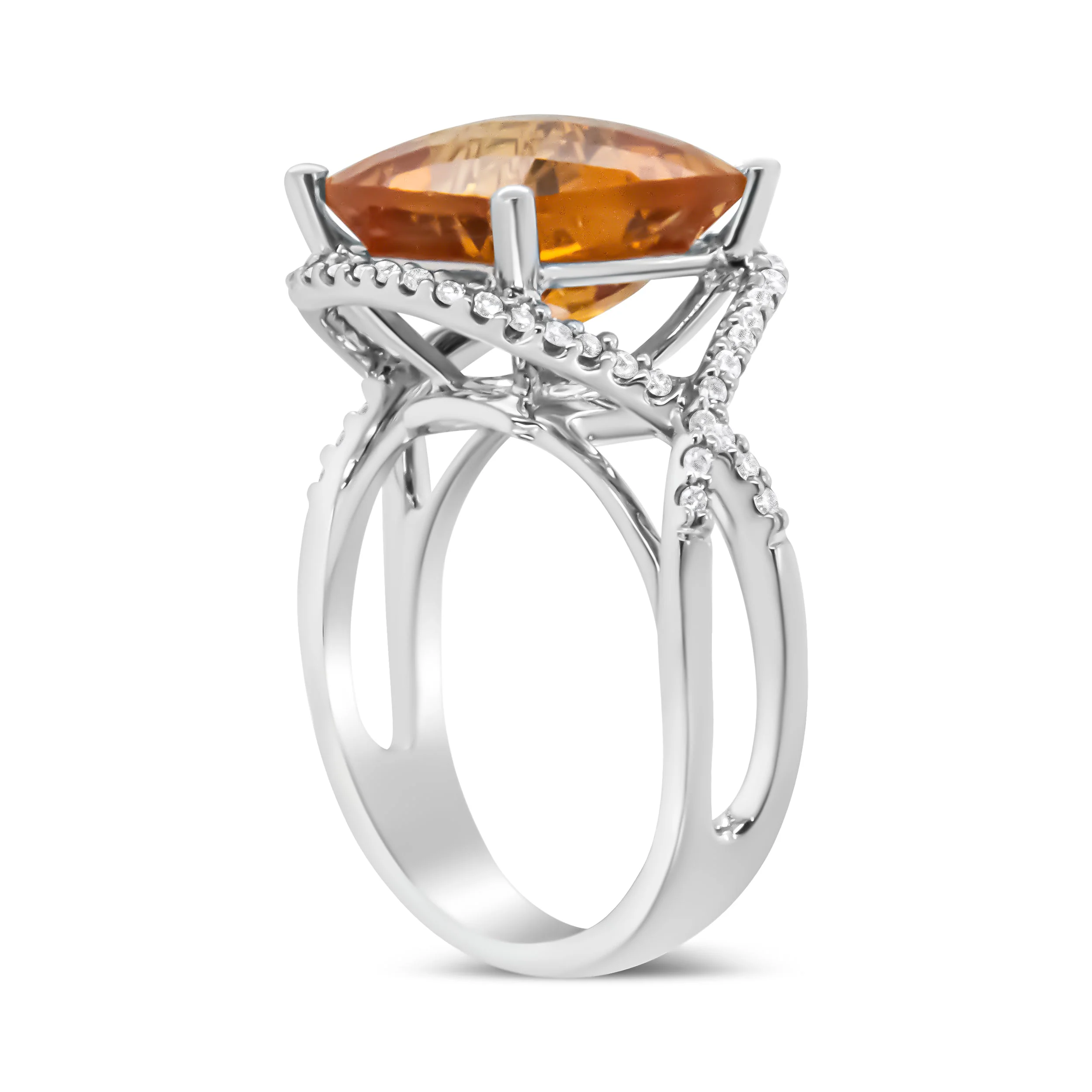 14K White Gold 12mm Cushion Cut Yellow Citrine Gemstone and 1/3 Cttw Round Pave-Set Diamond Ring - (H-I Color, VS1-VS2 Clarity)- Size 6.5 - Image 4