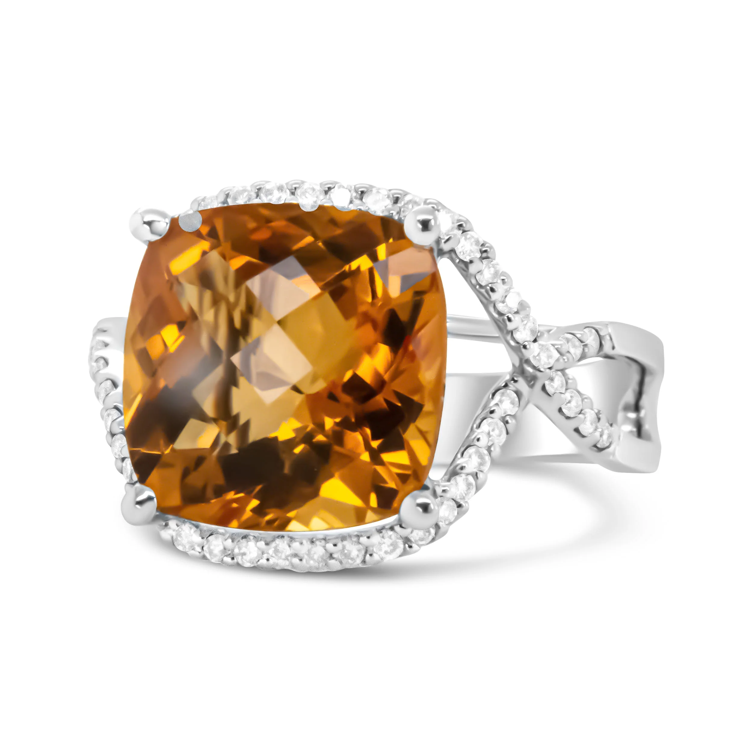 14K White Gold 12mm Cushion Cut Yellow Citrine Gemstone and 1/3 Cttw Round Pave-Set Diamond Ring - (H-I Color, VS1-VS2 Clarity)- Size 6.5 - Image 6