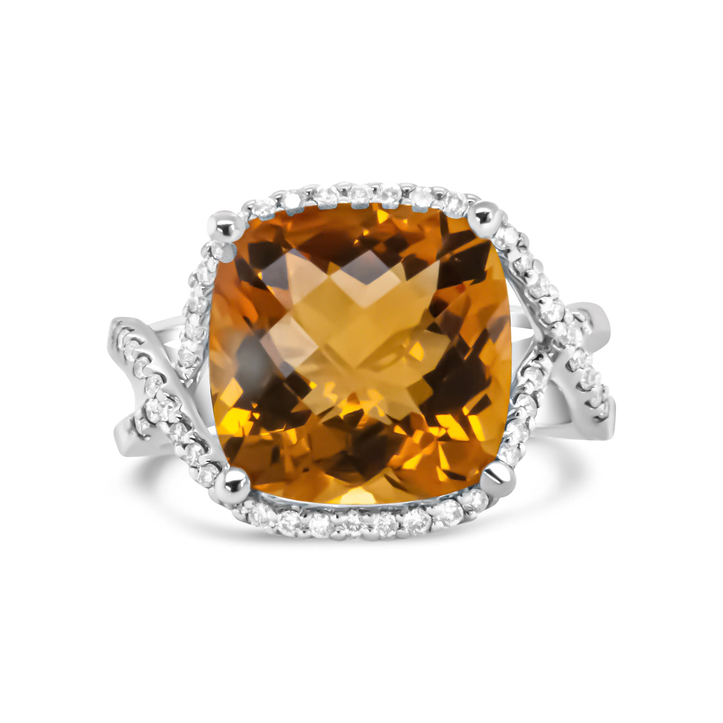 14K White Gold 12mm Cushion Cut Yellow Citrine Gemstone and 1/3 Cttw Round Pave-Set Diamond Ring - (H-I Color, VS1-VS2 Clarity)- Size 6.5 - Image 7