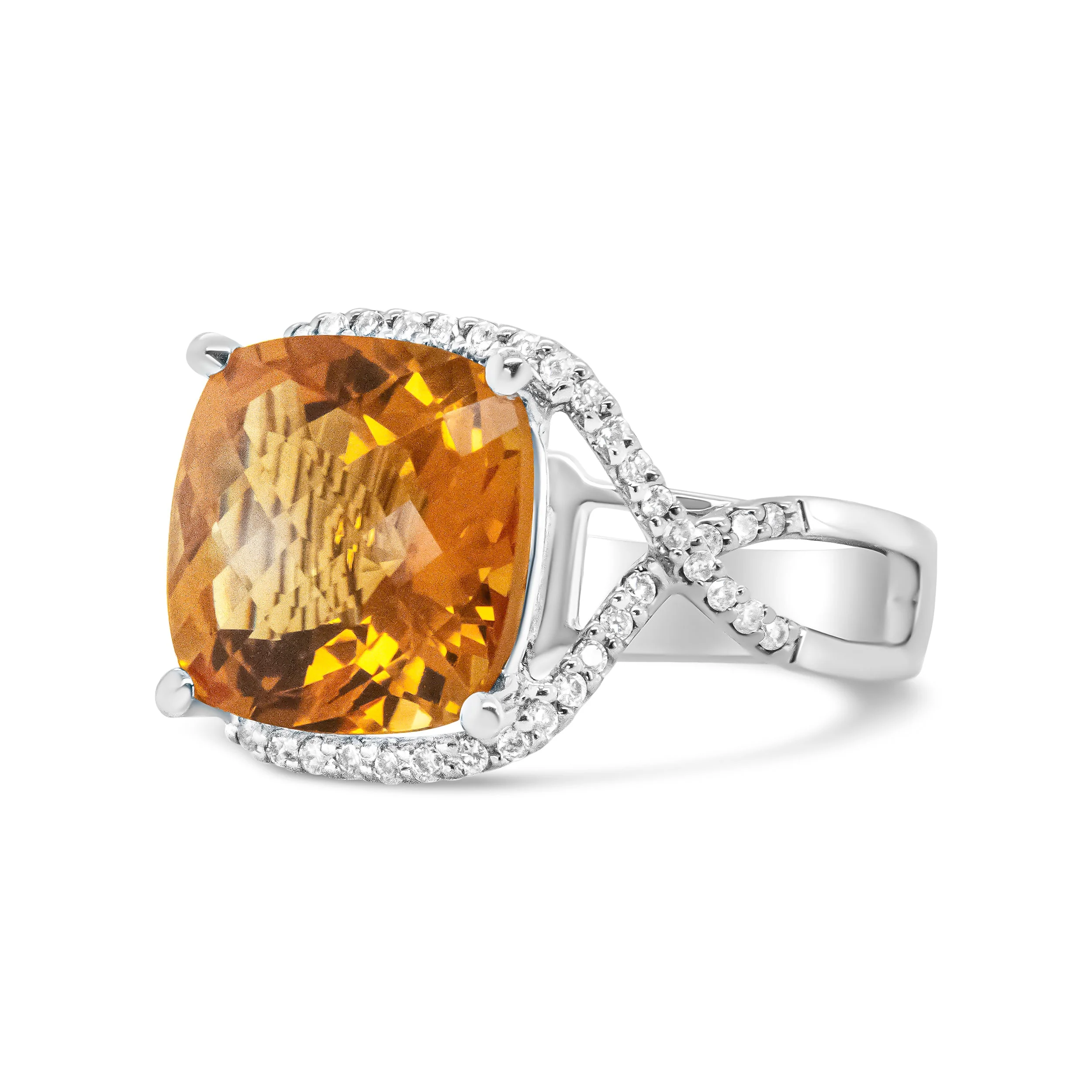 14K White Gold 12mm Cushion Cut Yellow Citrine Gemstone and 1/3 Cttw Round Pave-Set Diamond Ring - (H-I Color, VS1-VS2 Clarity)- Size 6.5 - Image 8