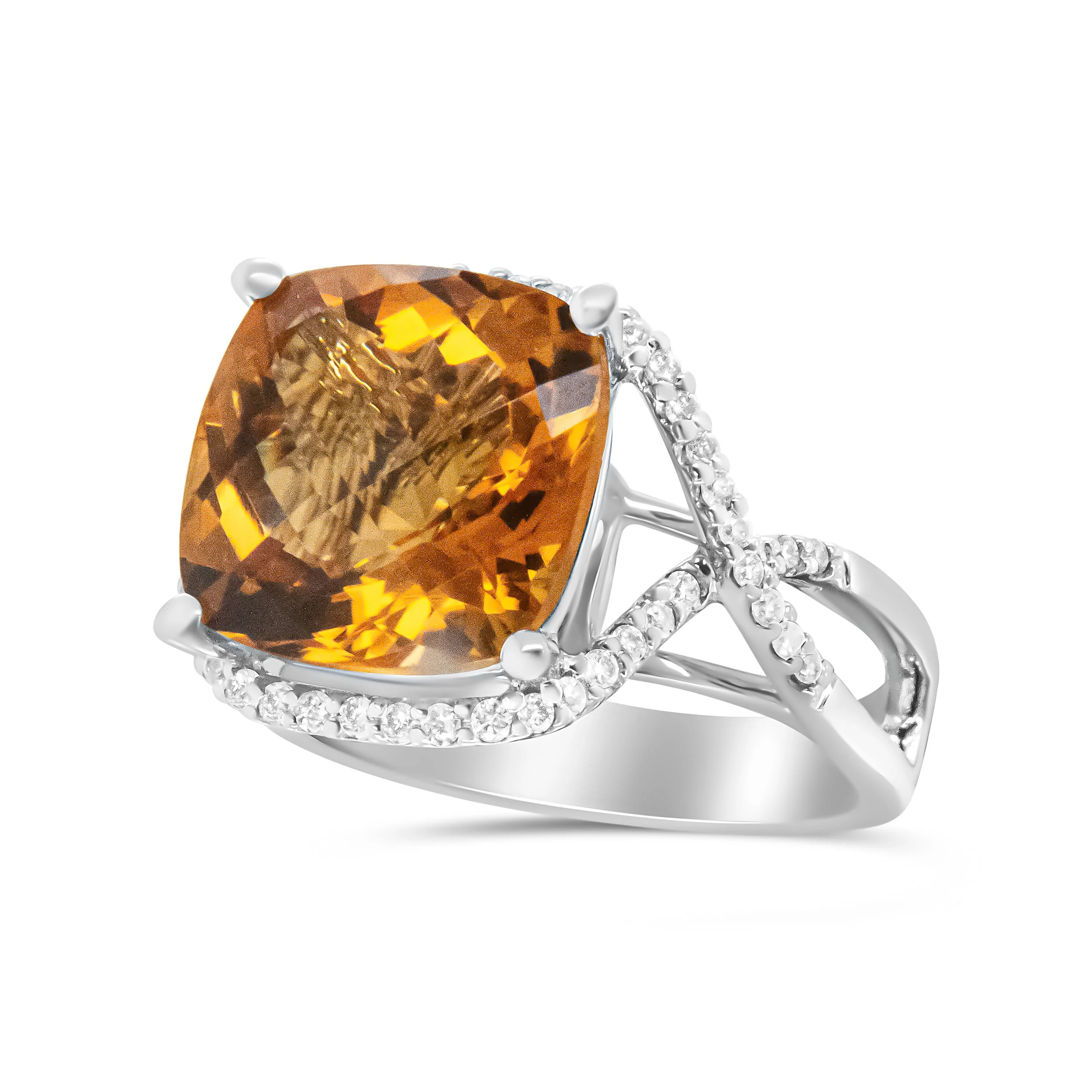 14K White Gold 12mm Cushion Cut Yellow Citrine Gemstone and 1/3 Cttw Round Pave-Set Diamond Ring - (H-I Color, VS1-VS2 Clarity)- Size 6.5 - Image 9