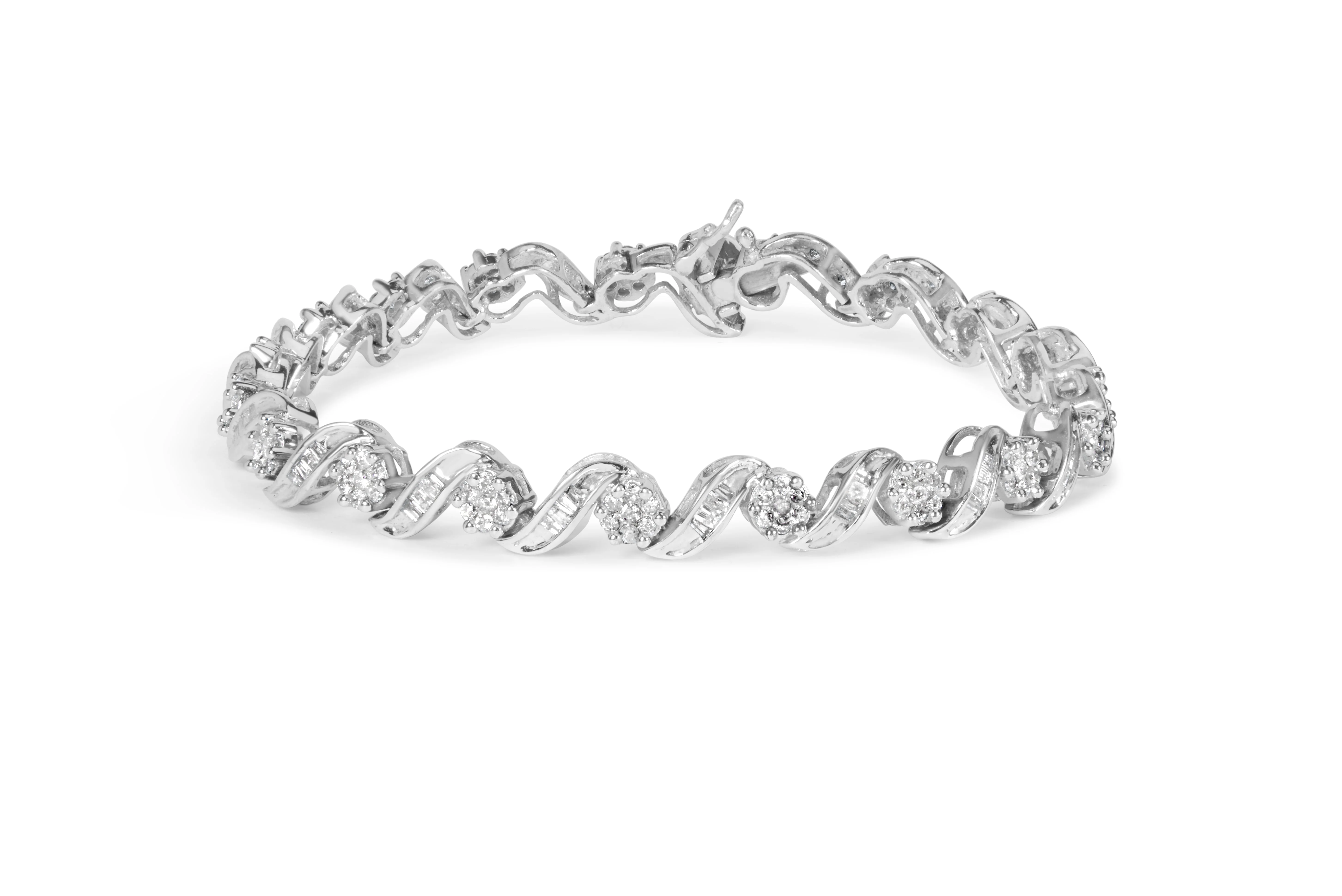 14K White Gold 2.00 Cttw Diamond Cluster and Spiral Link Bracelet (I-J Color, I1-I2 Clarity) - 7" - Image 11