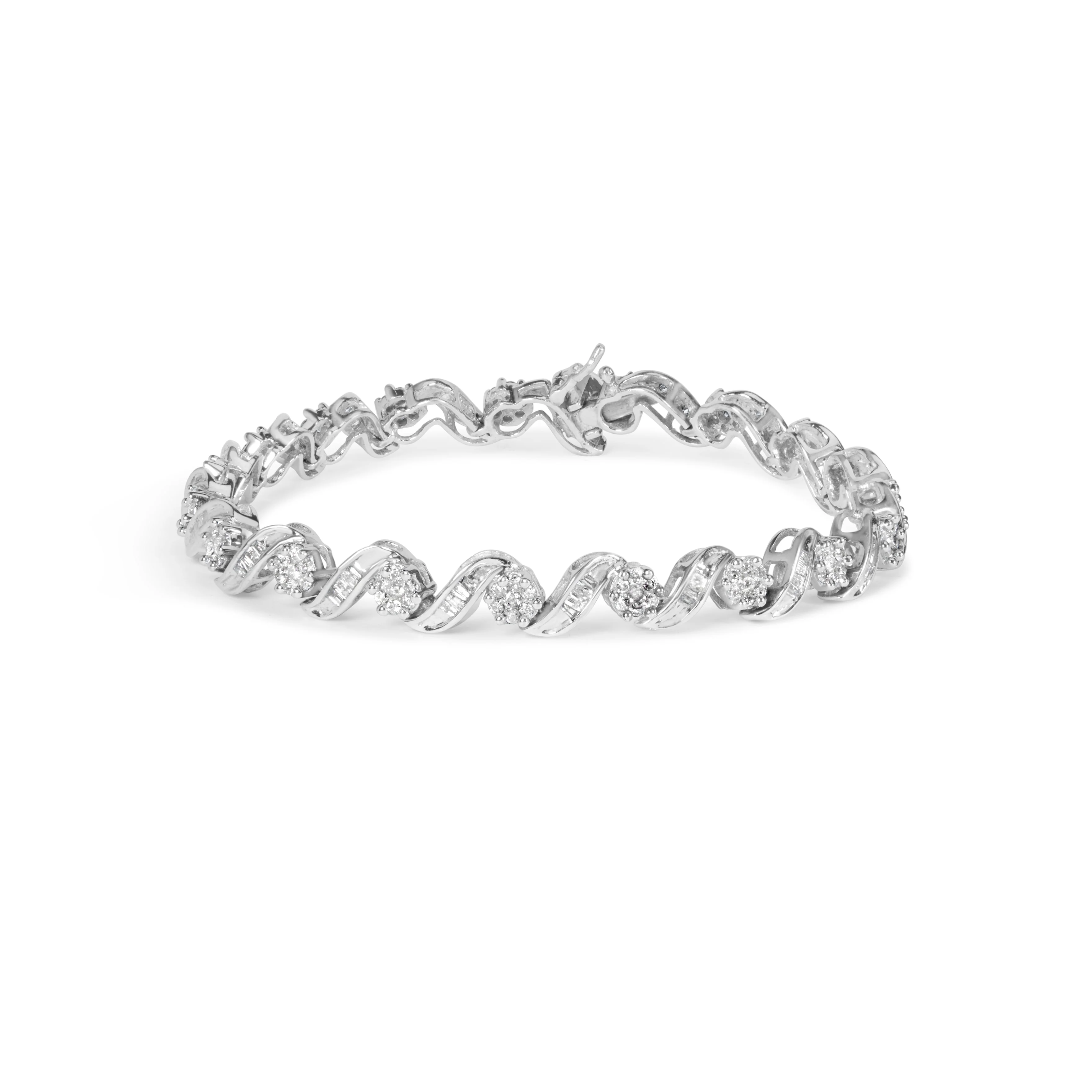 14K White Gold 2.00 Cttw Diamond Cluster and Spiral Link Bracelet (I-J Color, I1-I2 Clarity) - 7" - Image 5