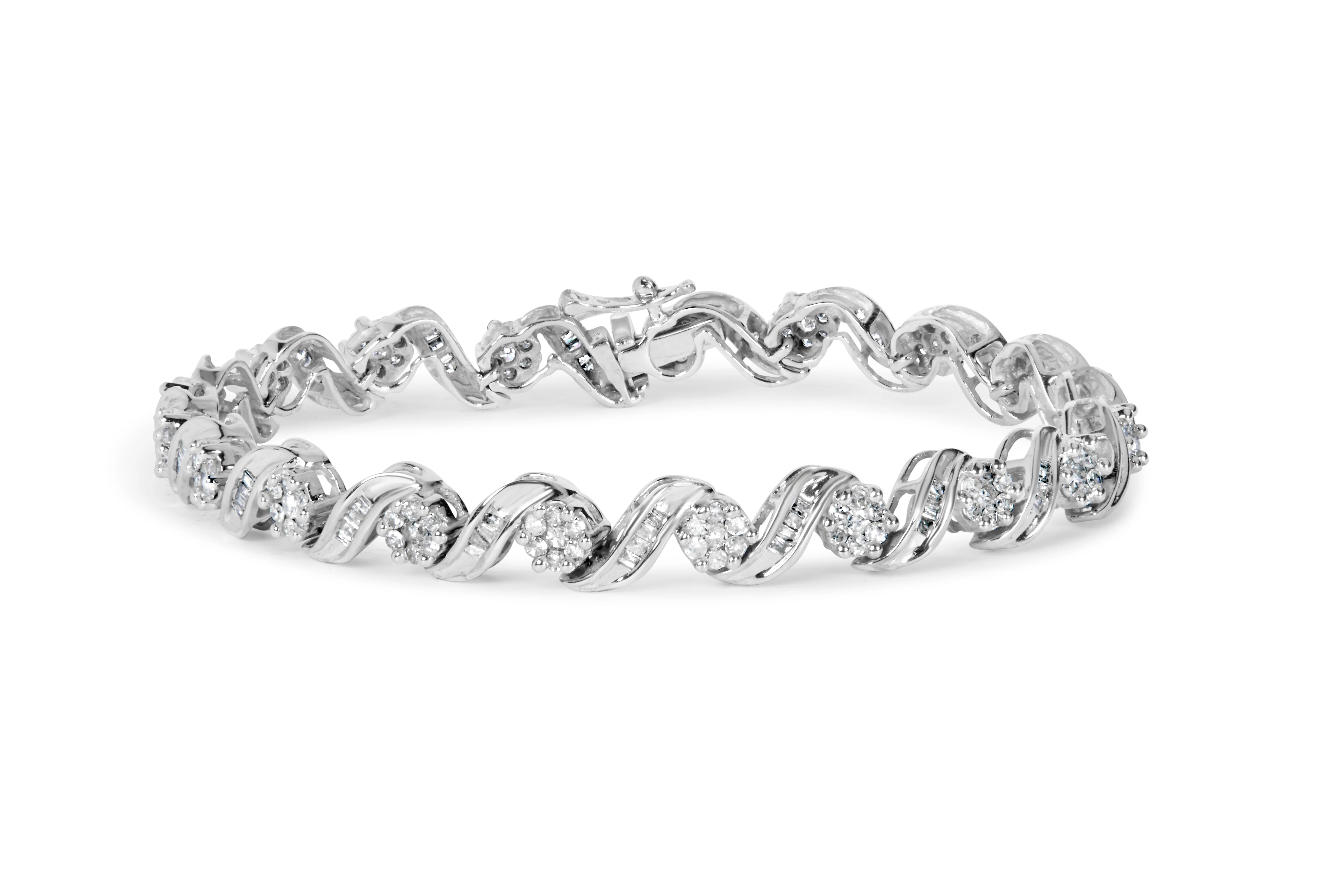 14K White Gold 2.00 Cttw Diamond Cluster and Spiral Link Bracelet (I-J Color, I1-I2 Clarity) - 7" - Image 7