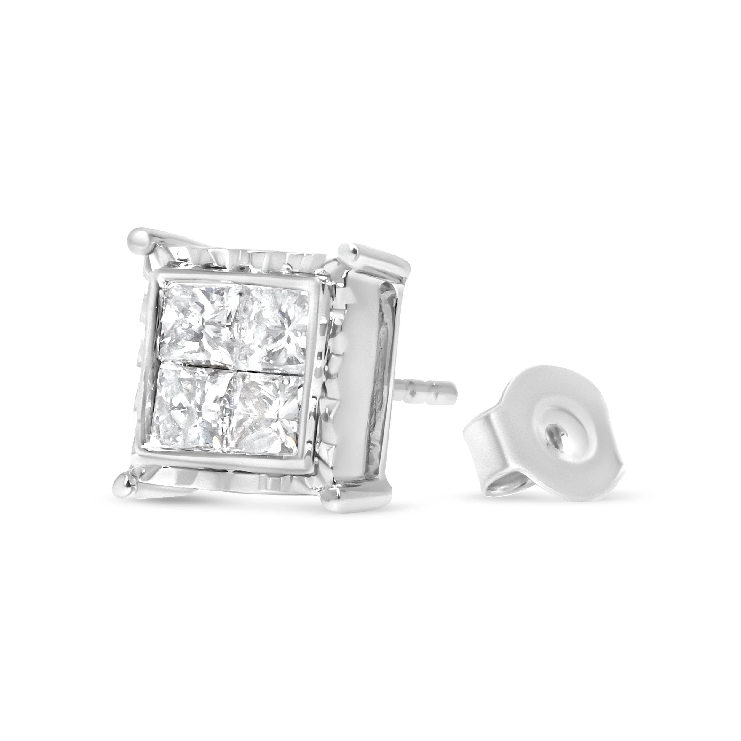14K White Gold 2.00 Cttw Invisible Set Princess-Cut Lab Grown Diamond Wavy Quad Stud Earrings - Image 4