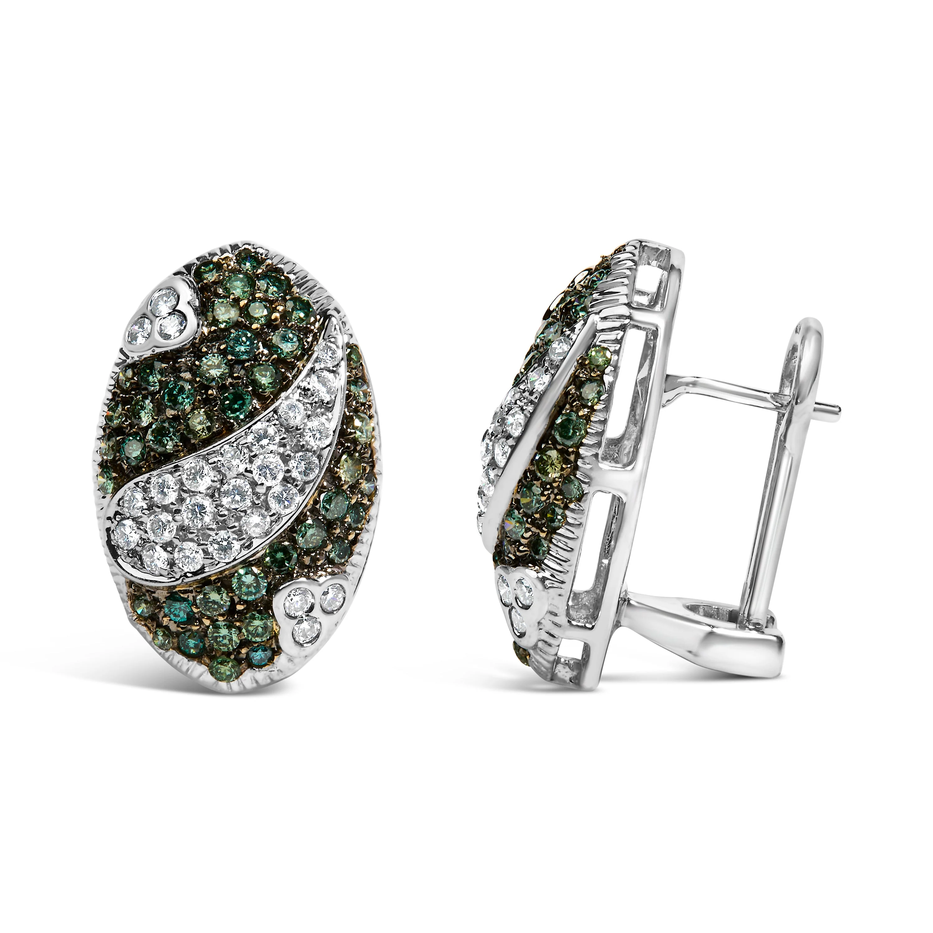 14K White Gold 2.00 Cttw White and Treated Blue Diamond Oval Shield Omega Back Earrings (H-I Color, SI1-SI2 Clarity) - Image 3
