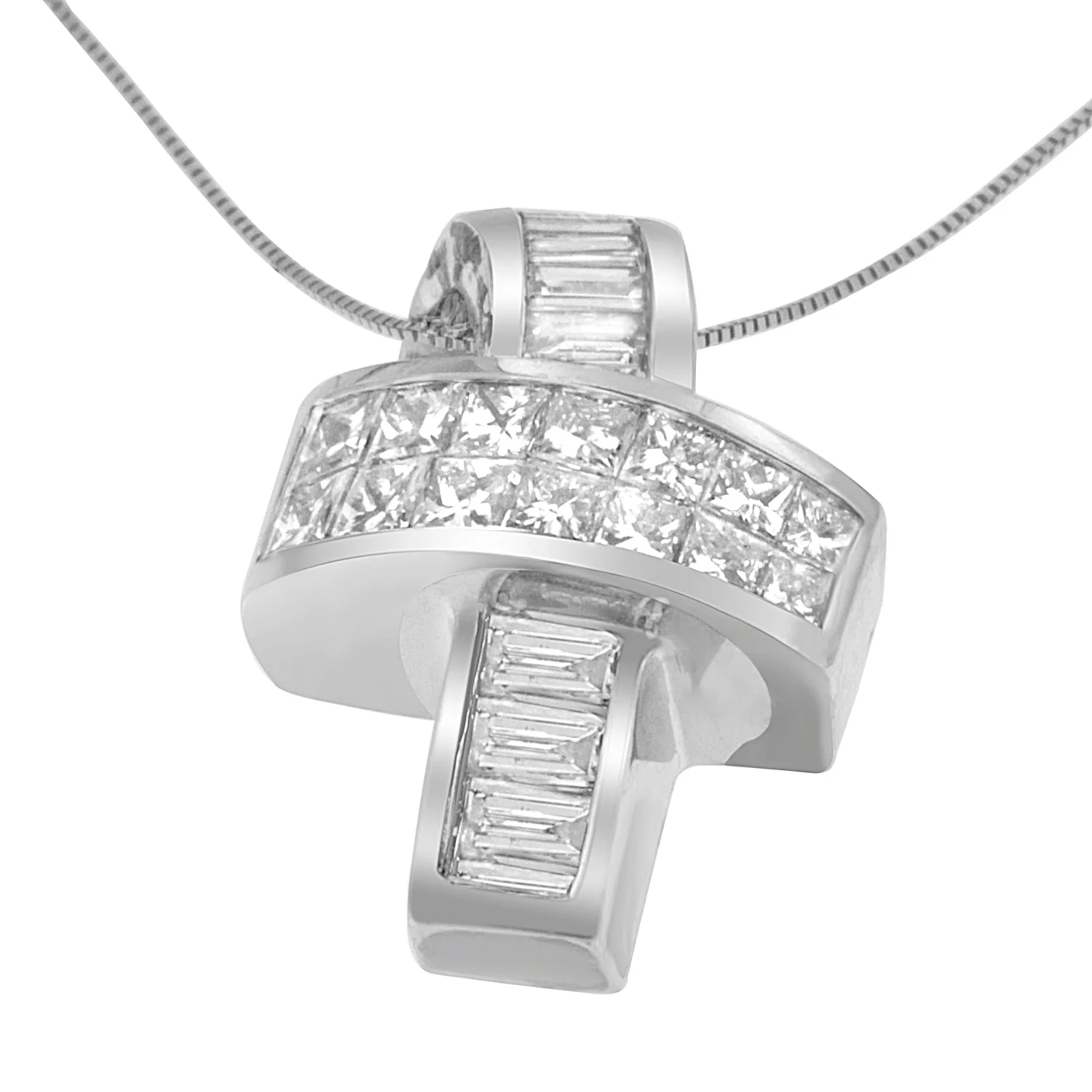 14K White Gold 2 cttw Princess and Baguette Cut Diamond Ribbon Pendant Necklace (H-I, SI-SI2) - Image 2