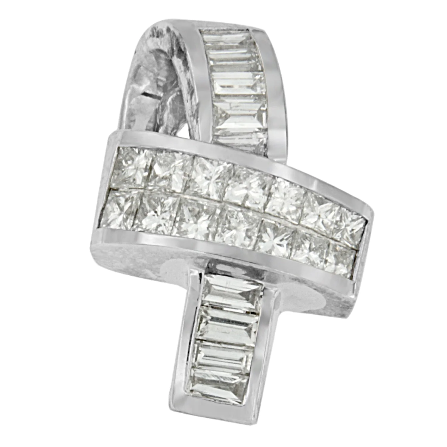 14K White Gold 2 cttw Princess and Baguette Cut Diamond Ribbon Pendant Necklace (H-I, SI-SI2) - Image 3