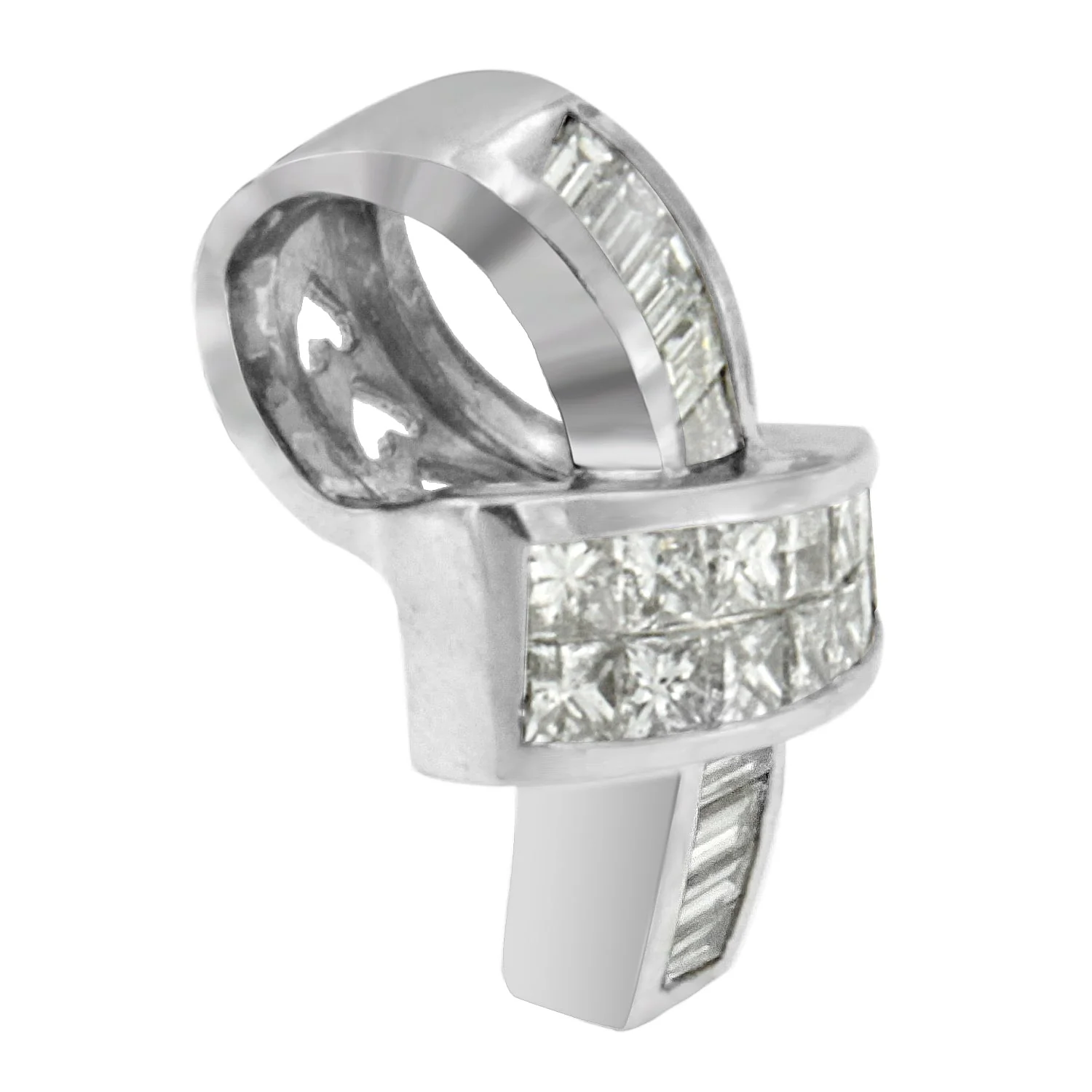 14K White Gold 2 cttw Princess and Baguette Cut Diamond Ribbon Pendant Necklace (H-I, SI-SI2) - Image 6