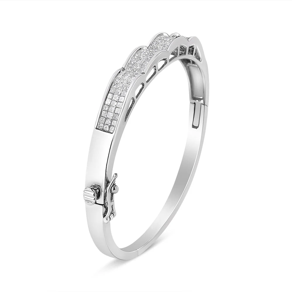 14K White Gold 3 1/3 Cttw Invisible Set Princess-Cut Diamond Wave Bangle Bracelet (H-I Color, SI1-SI2 Clarity) - Size 7" - Image 2