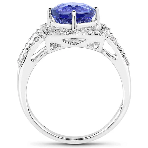 14K White Gold 3.26 Carat Genuine Tanzanite and White Diamond Ring - Image 5