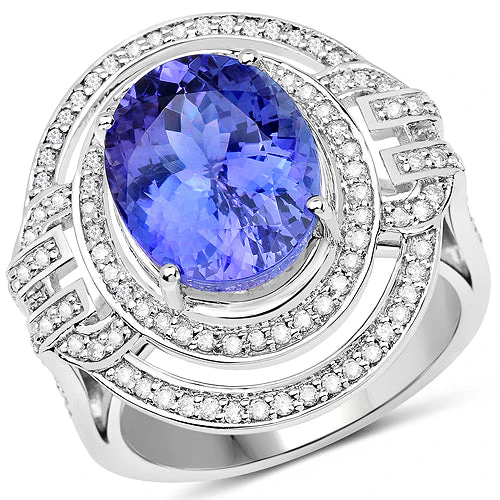 14K White Gold 6.83 Carat Genuine Tanzanite and White Diamond Ring - Image 4