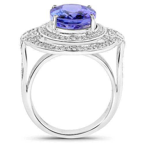 14K White Gold 6.83 Carat Genuine Tanzanite and White Diamond Ring - Image 5