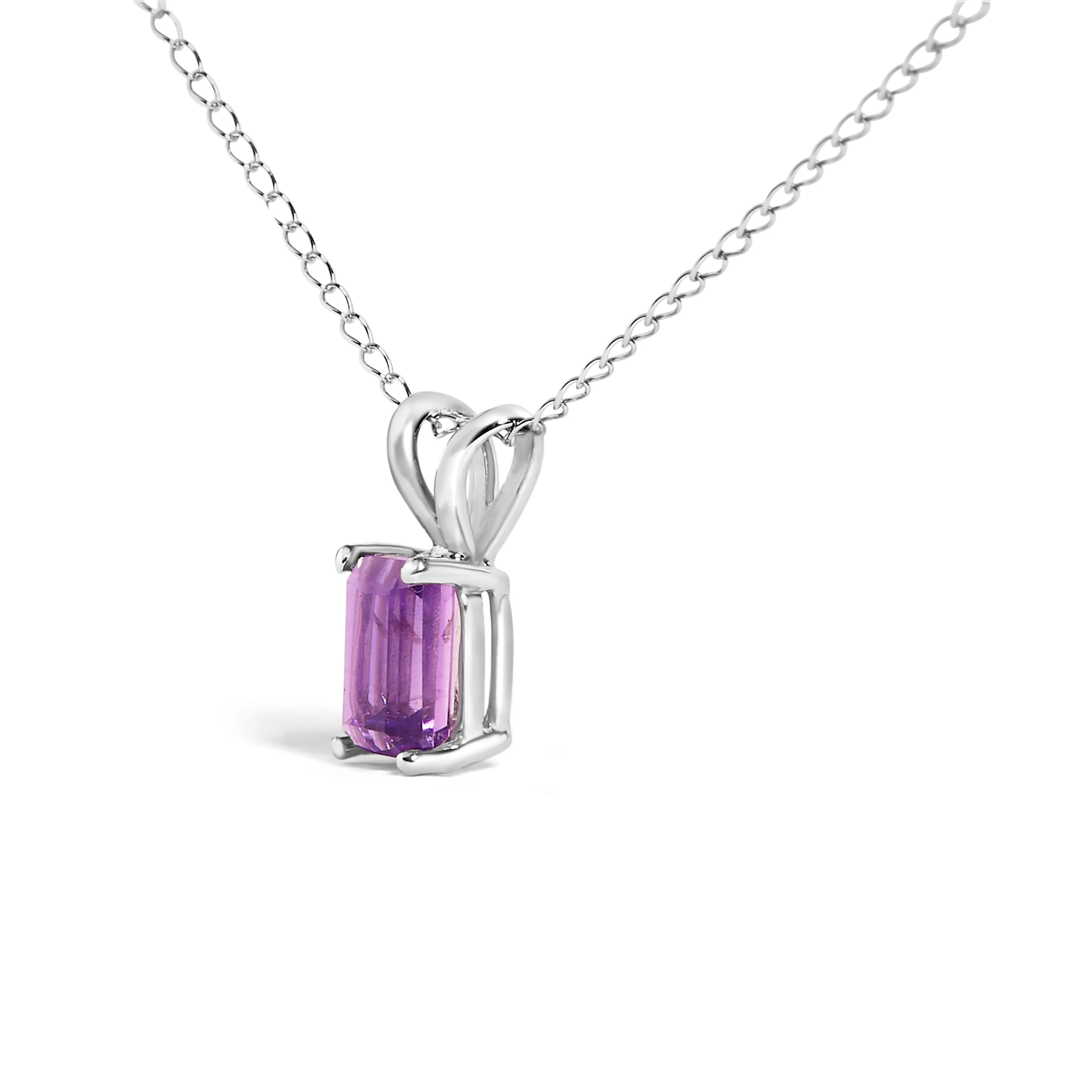 14K White Gold 6x4MM Emerald Cut Purple Amethyst Solitaire Pendant Necklace - Image 3