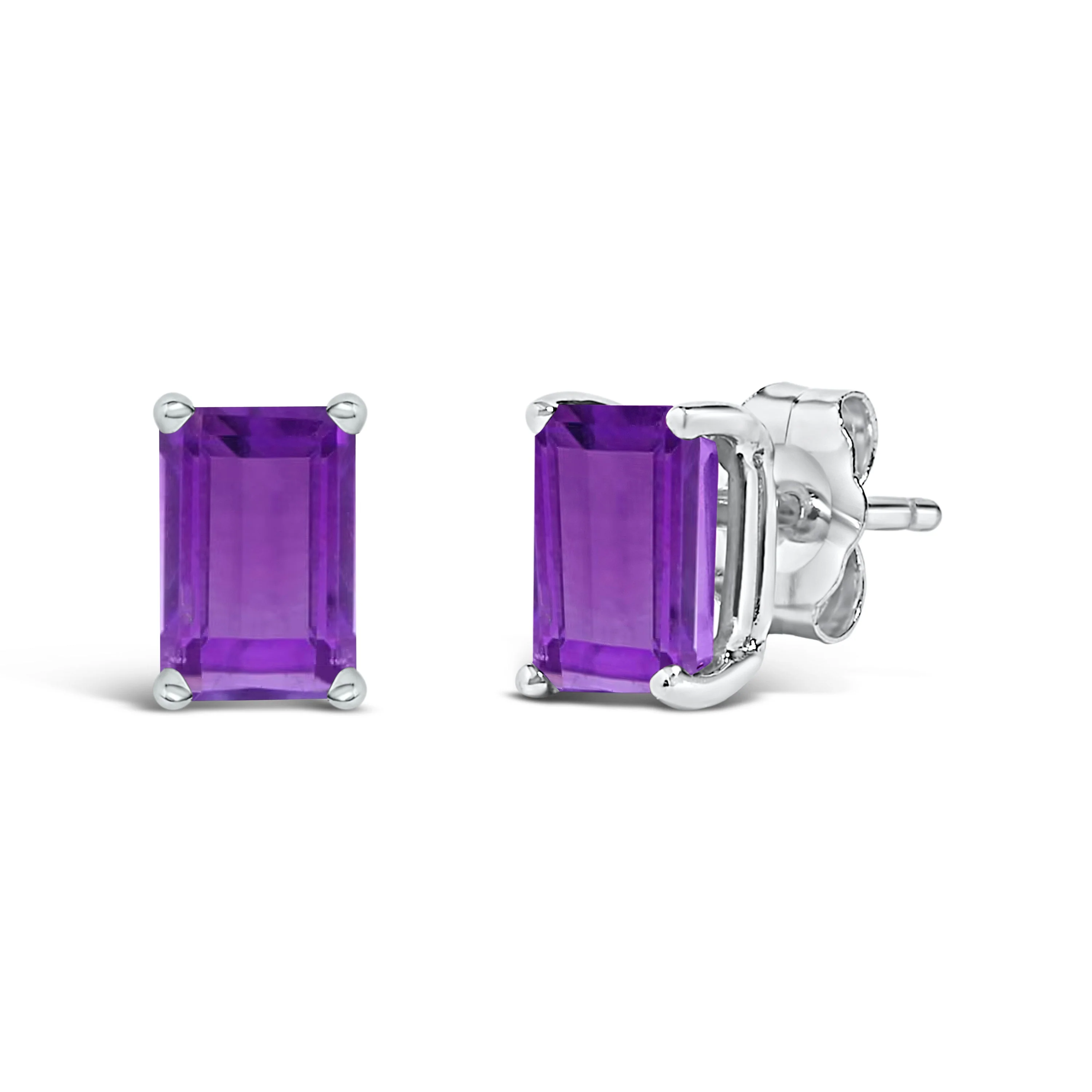 14K White Gold 6x4MM Emerald Shaped Amethyst Solitaire Stud Earrings - Image 2