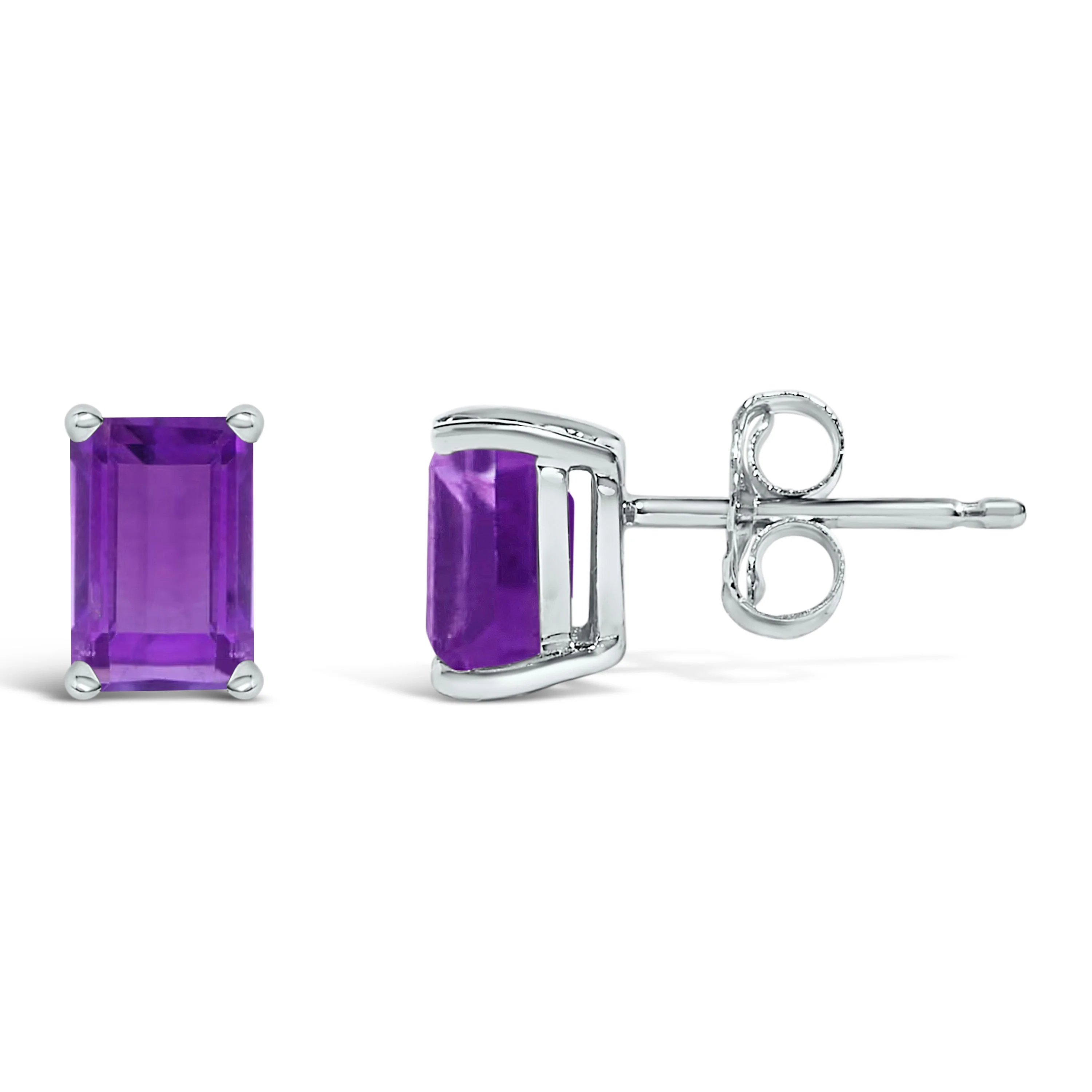 14K White Gold 6x4MM Emerald Shaped Amethyst Solitaire Stud Earrings - Image 3