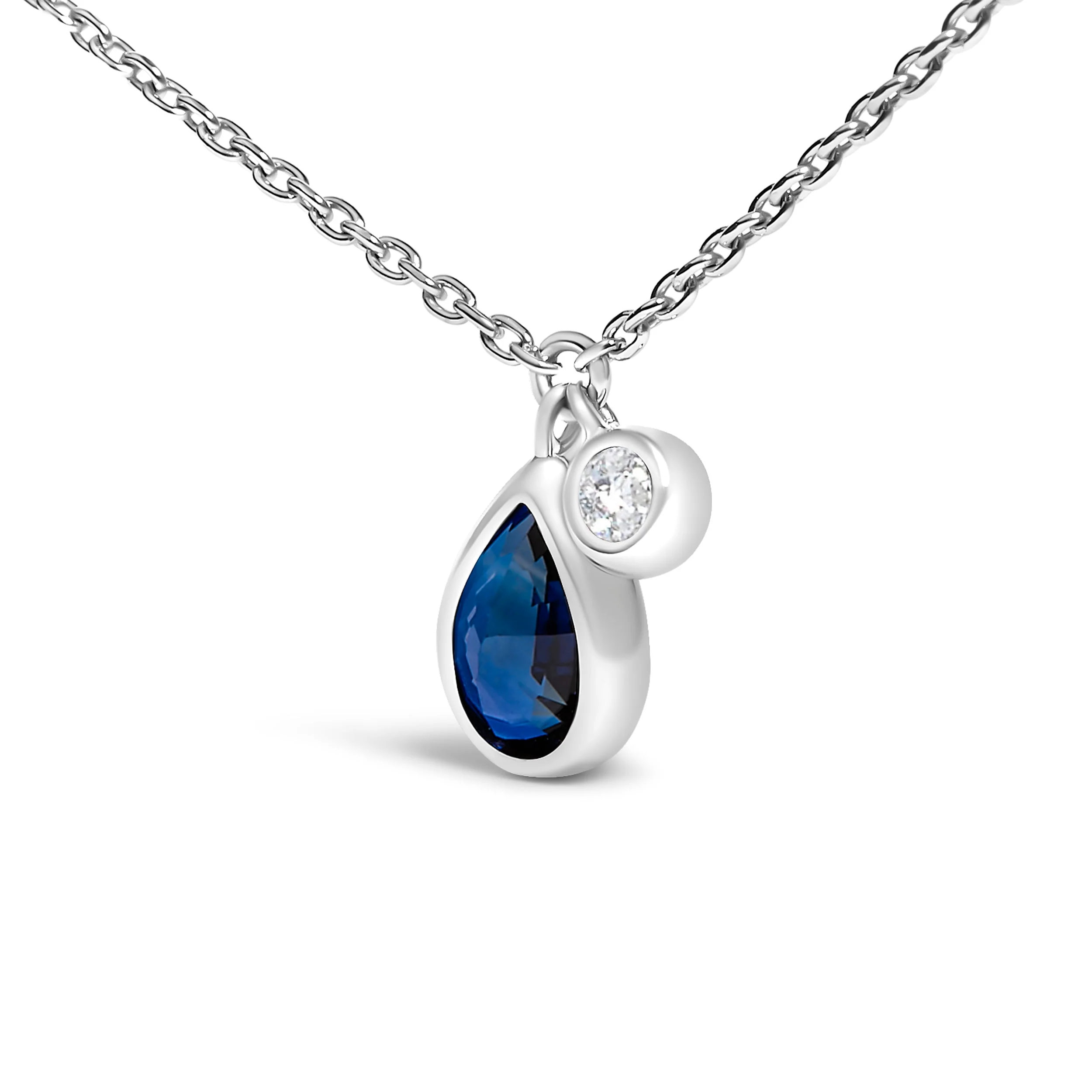 14K White Gold 6x4mm Pear Blue Sapphire and Diamond Accent Charm Pendant Necklace - 18" Inches - Image 3