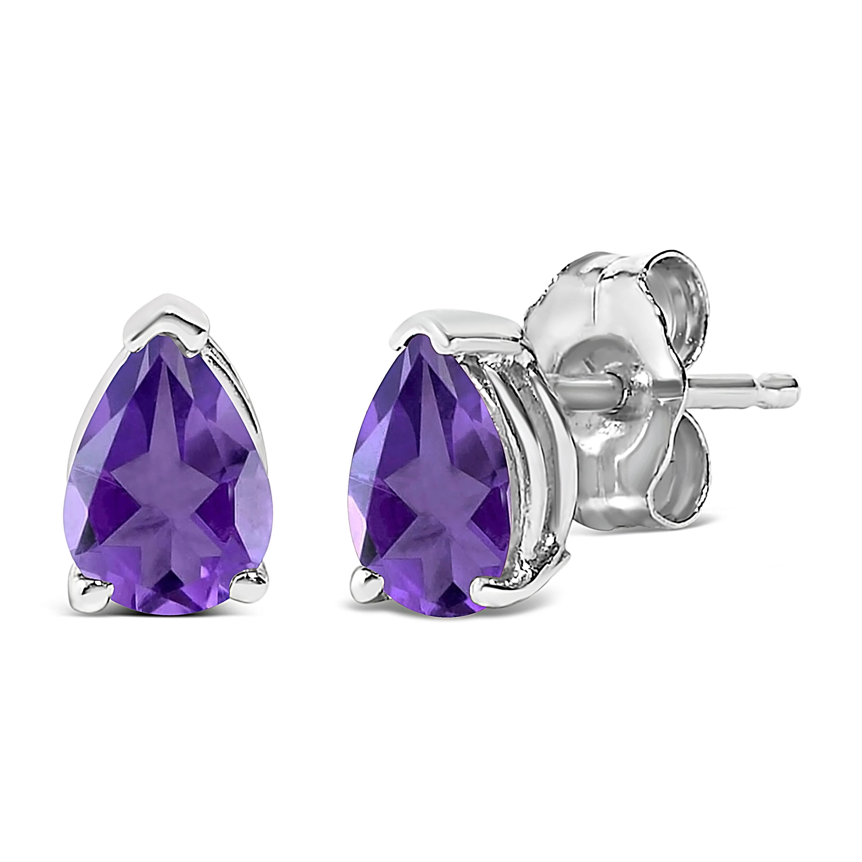 14K White Gold 6x4MM Pear Shaped Purple Amethyst Solitaire Stud Earrings - Image 2