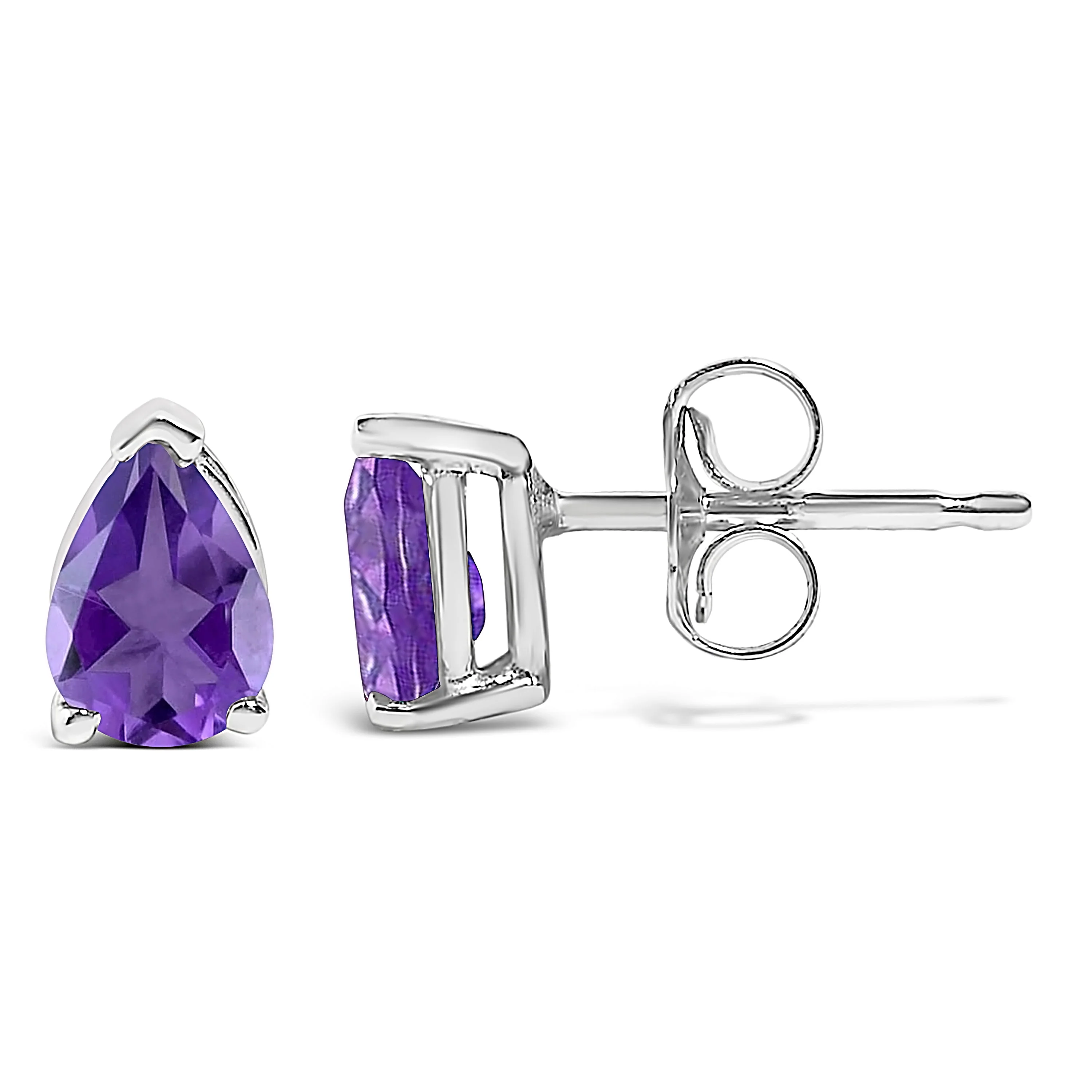 14K White Gold 6x4MM Pear Shaped Purple Amethyst Solitaire Stud Earrings - Image 3