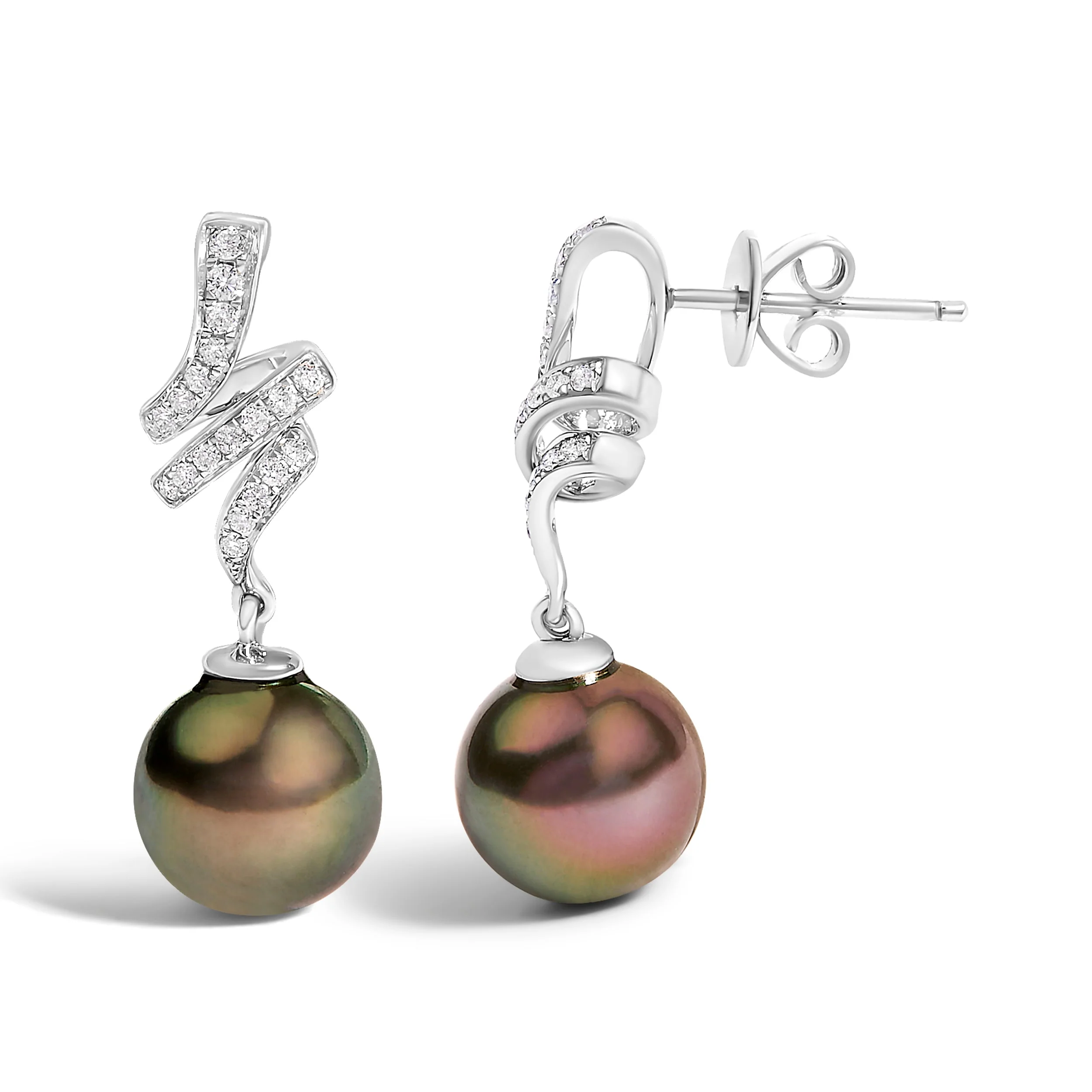 14K White Gold 9MM Cultured Black Pearl and Diamond Accent Drop and Dangle Earrings (I-J Color, SI1-SI2 Clarity) - Image 3