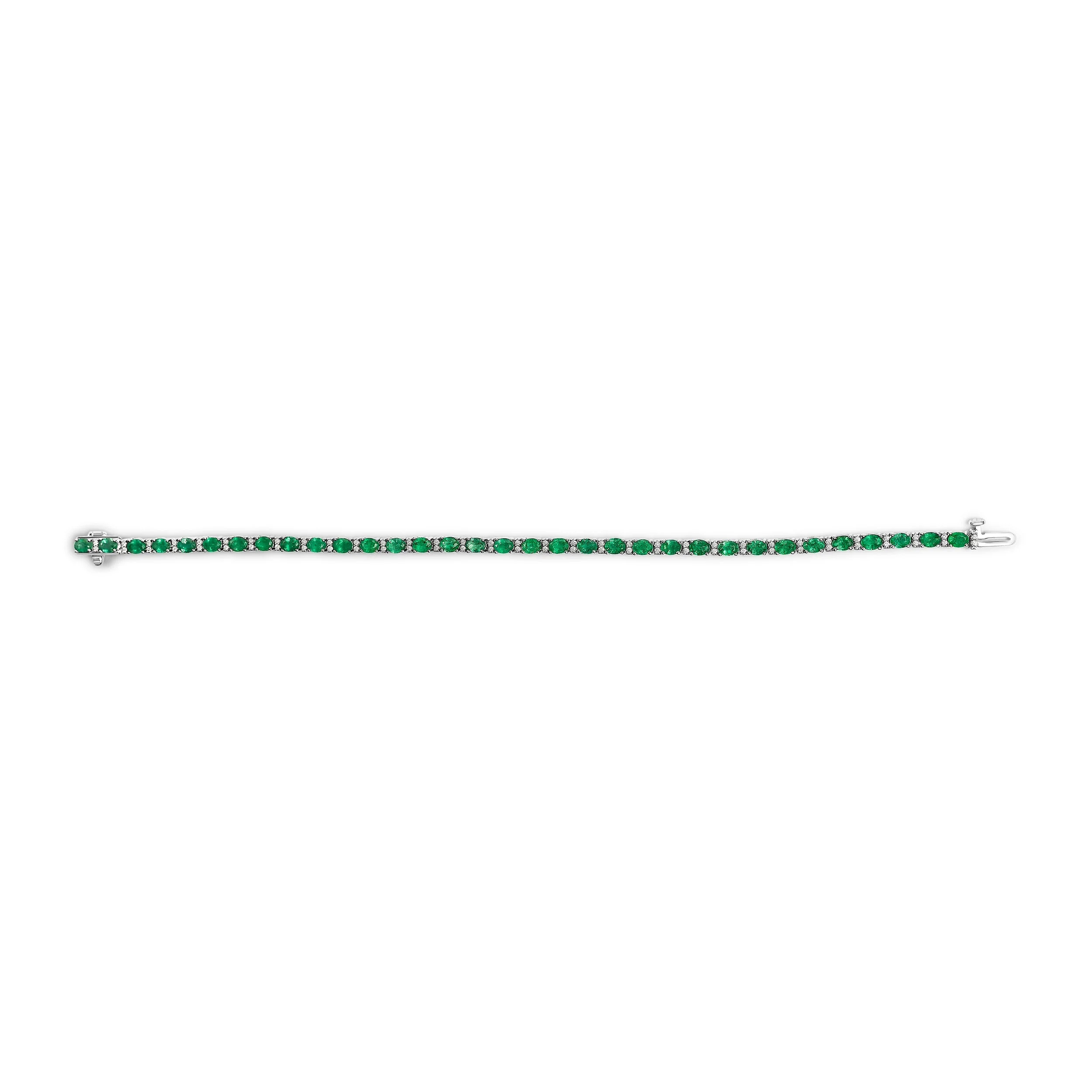 14K White Gold Alternating Oval Green Emerald and Diamond Tennis Bracelet - Image 3