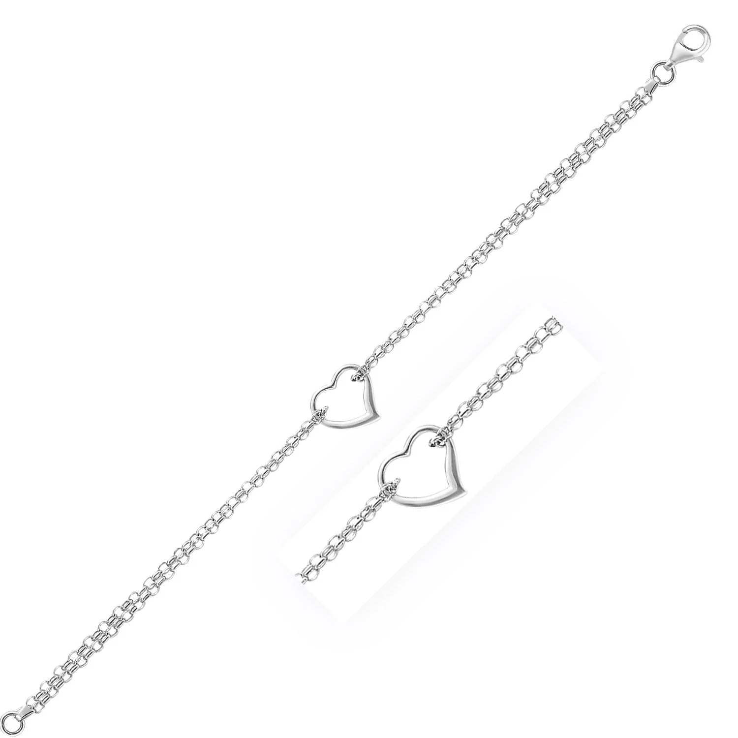 14k White Gold Cable Chain Anklet with Open Heart Station - Image 2