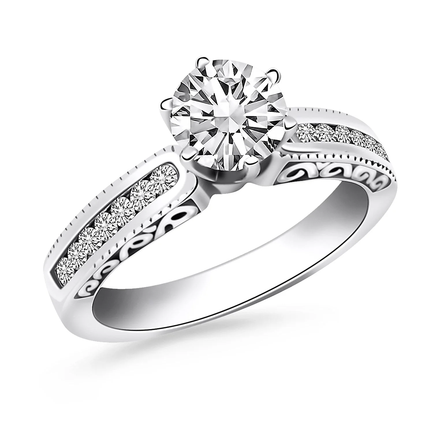 14k White Gold Channel Set Engagement Ring with Engraved Sides - Image 2