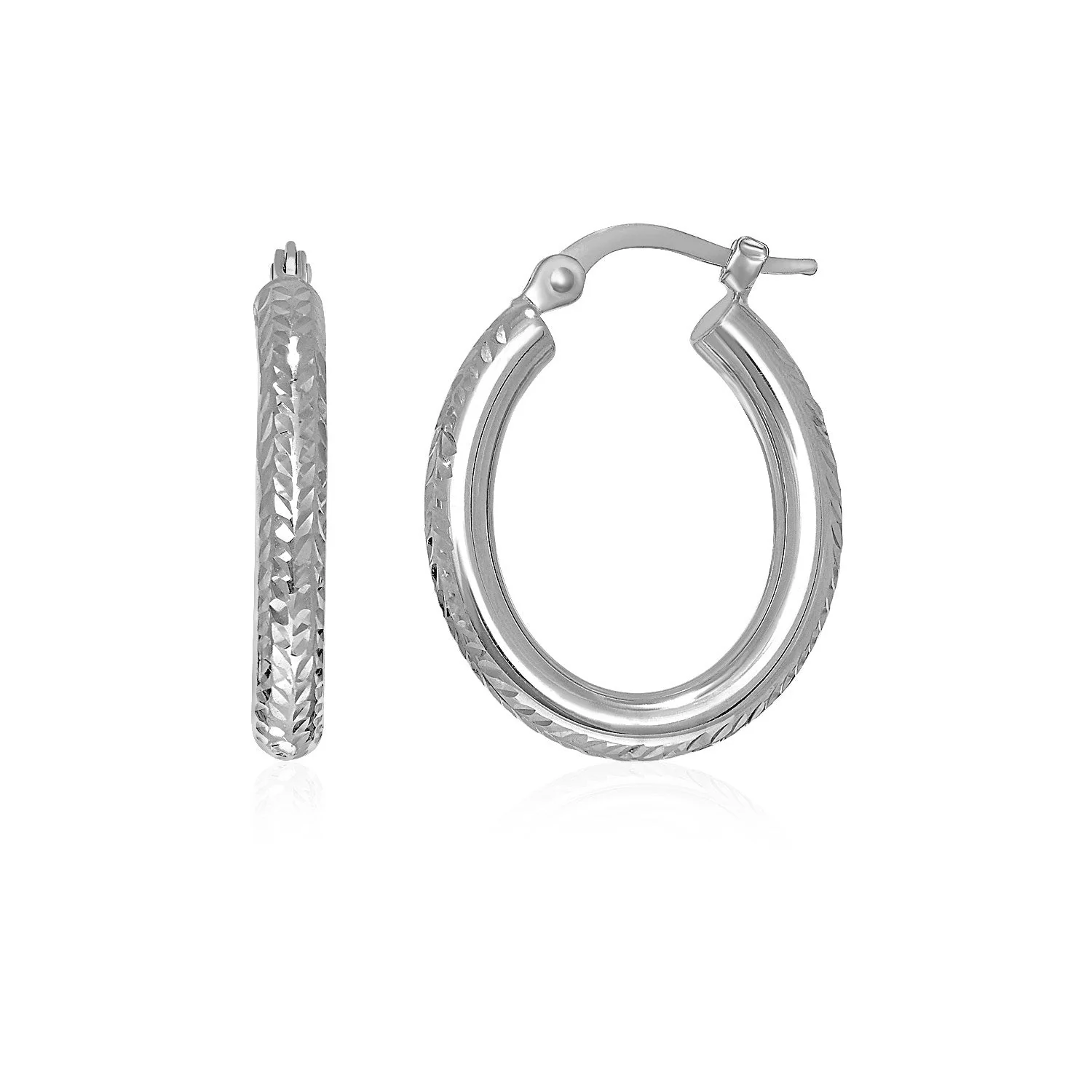 14k White Gold Diamond Cut Textured Oval Hoop Earrings. - Image 2