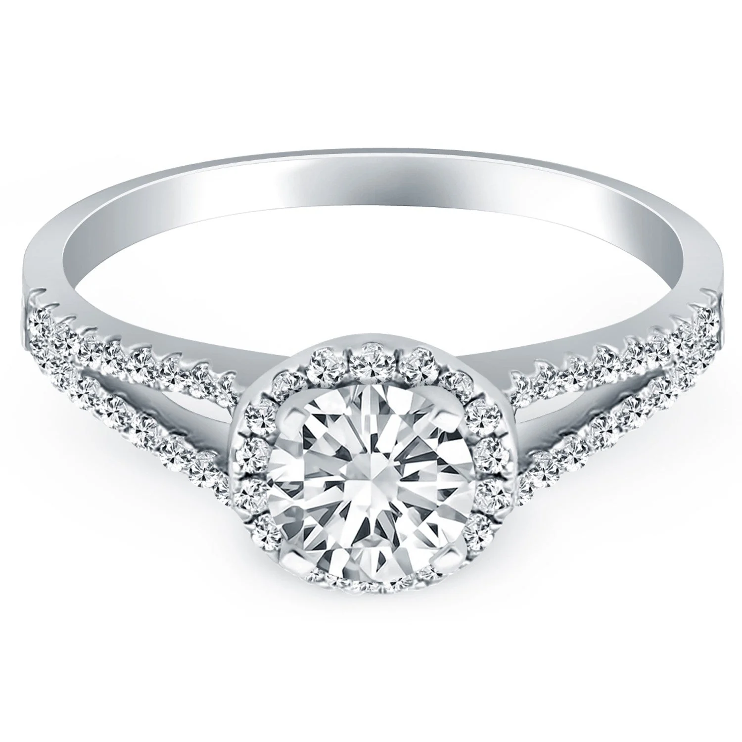 14k White Gold Diamond Halo Split Shank Engagement Ring - Image 2