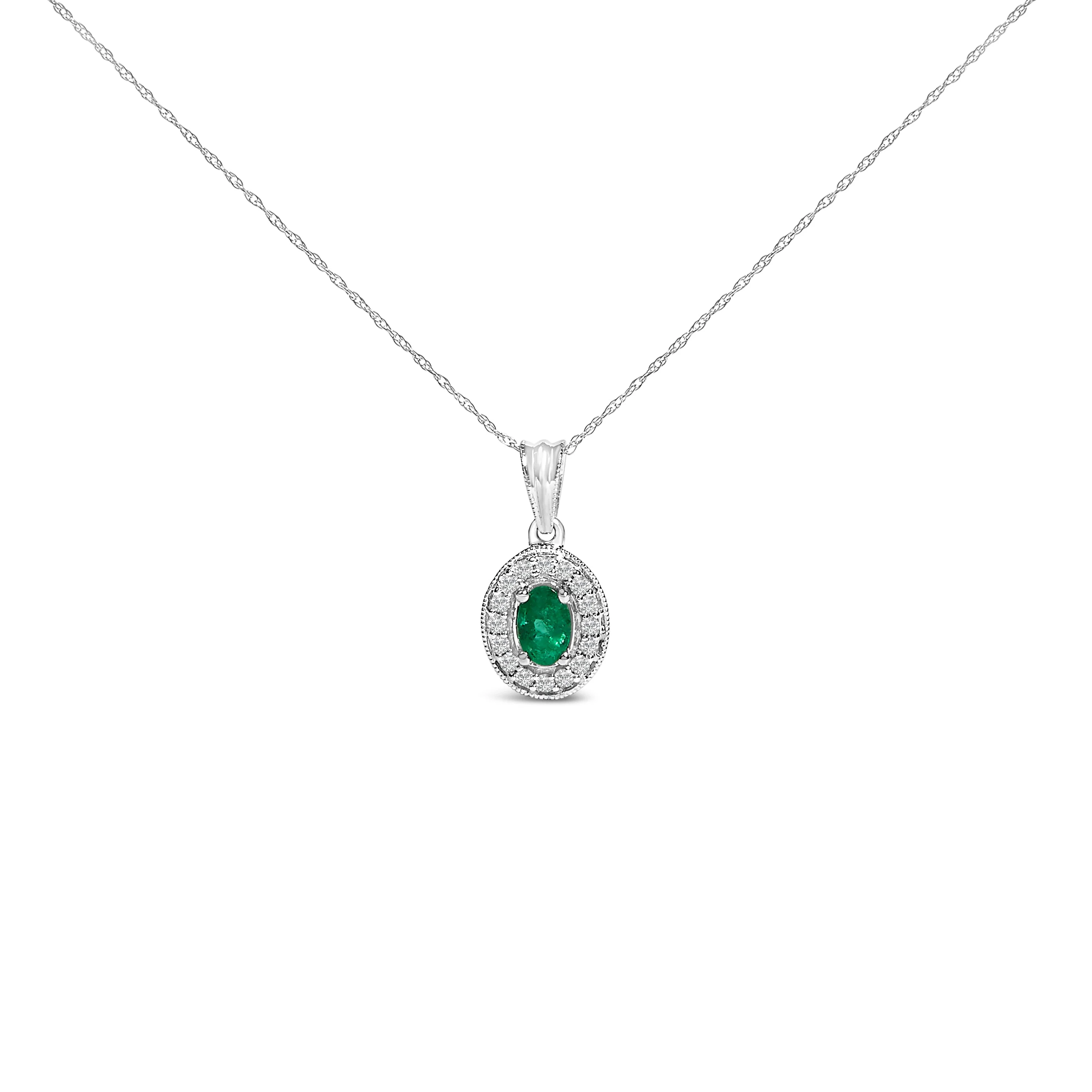14K White Gold Oval 6x4 MM Green Emerald and Diamond Halo Pendant Necklace - 18 inch