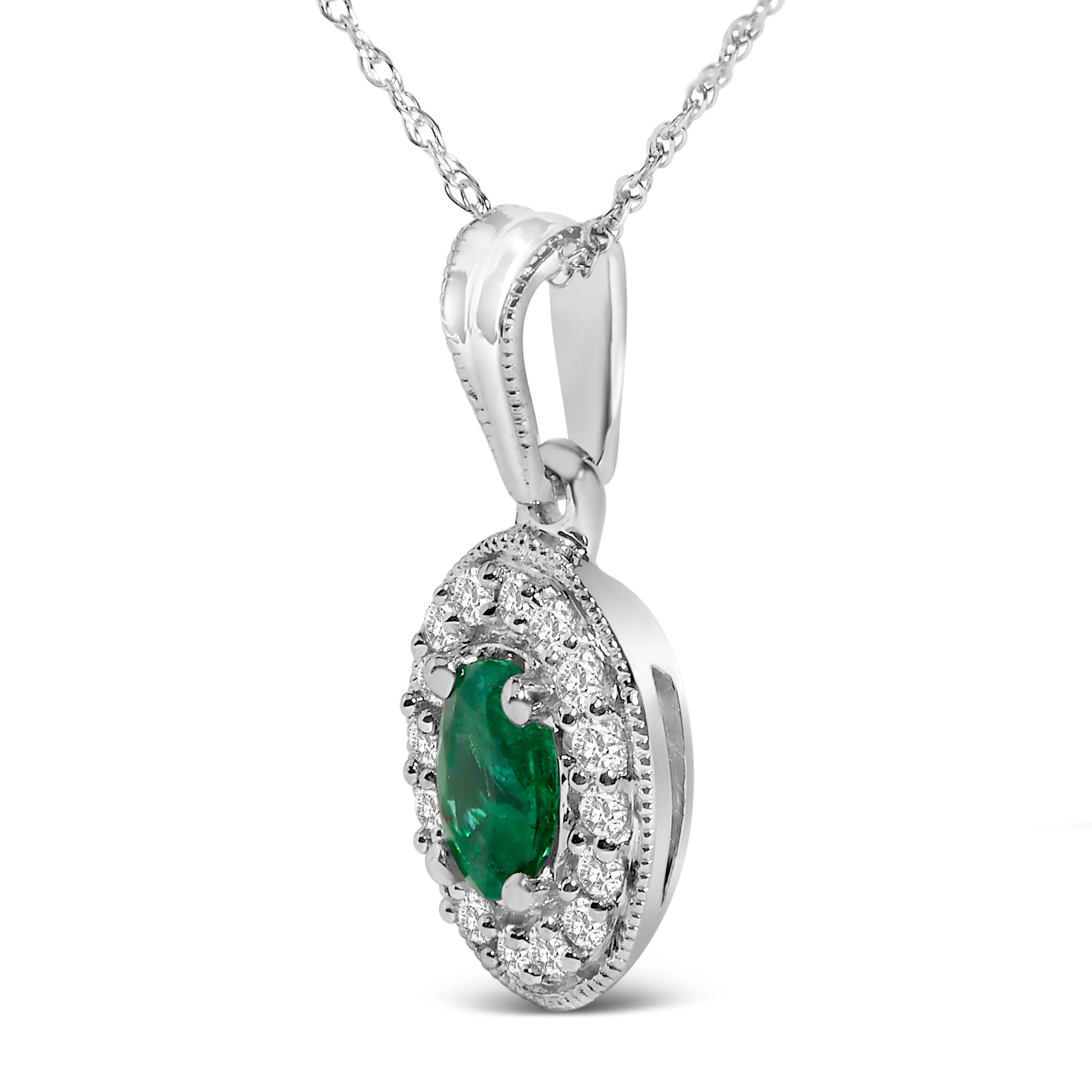 14K White Gold Oval 6x4 MM Green Emerald and Diamond Halo Pendant Necklace - 18 inch - Image 3