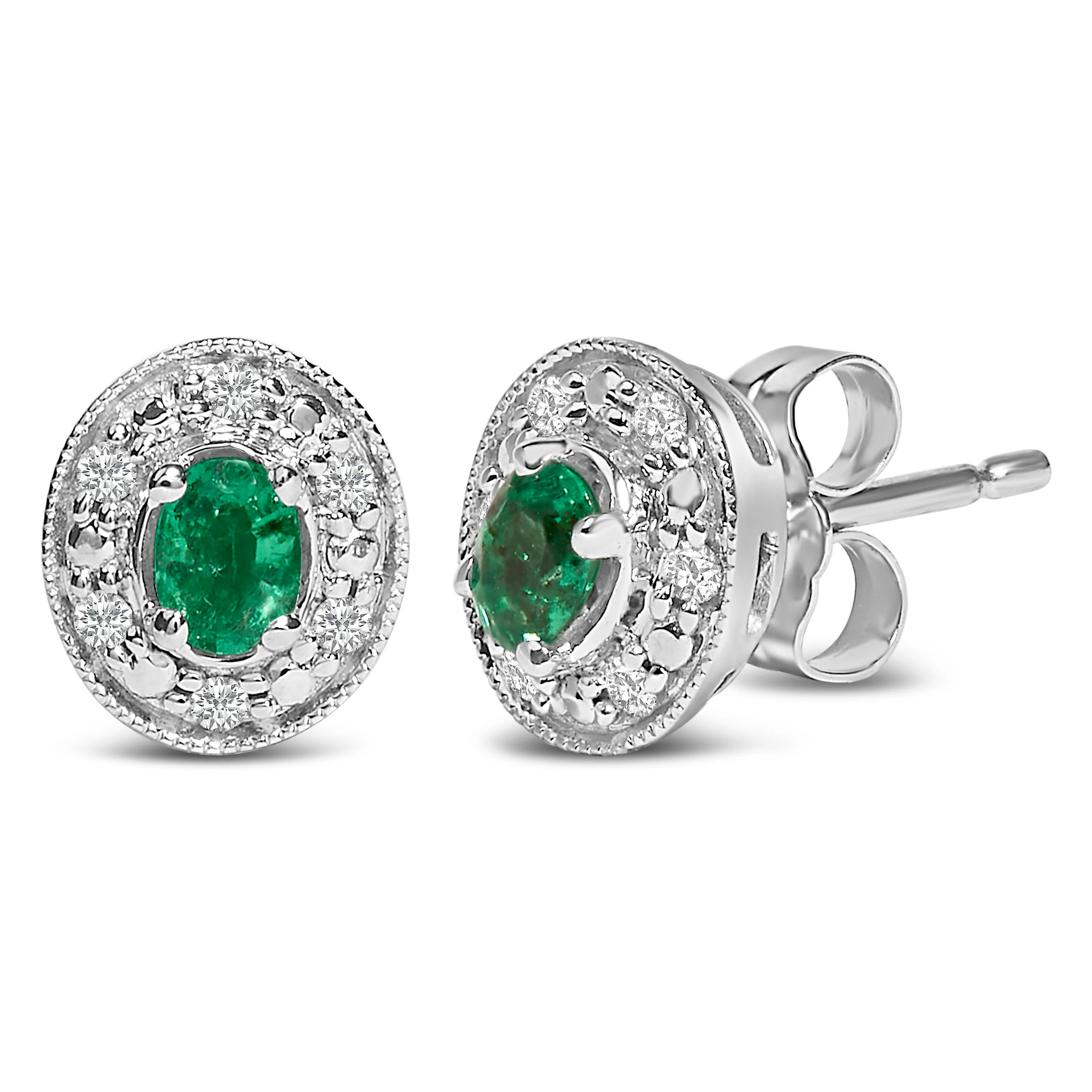 14K White Gold Oval Green Emerald and 1/10 Cttw Diamond Halo Stud Earrings (I-J Color, I1-I2 Clarity) - Image 2