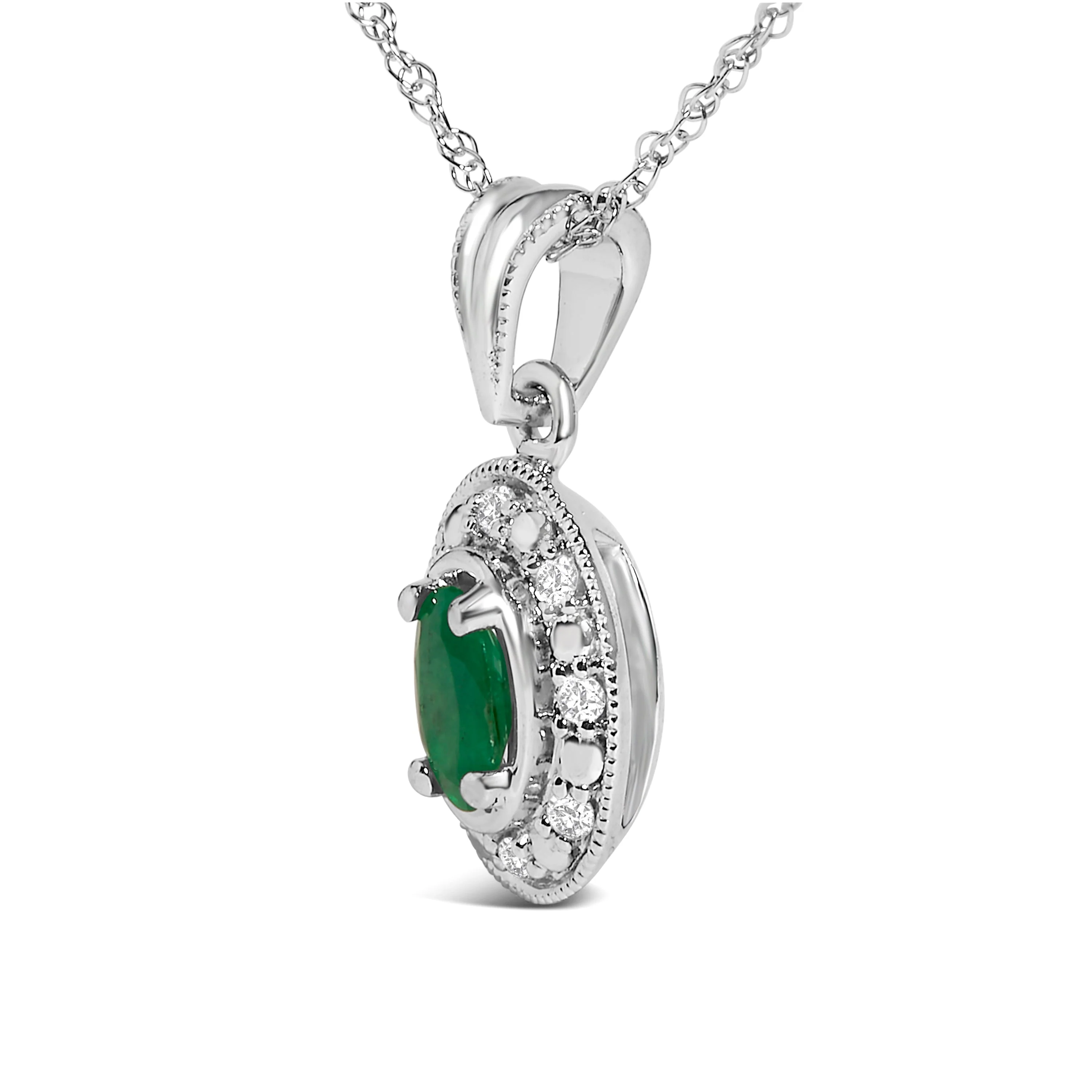 14K White Gold Oval Green Emerald and Diamond Halo Pendant Necklace - 18" Inches - Image 3