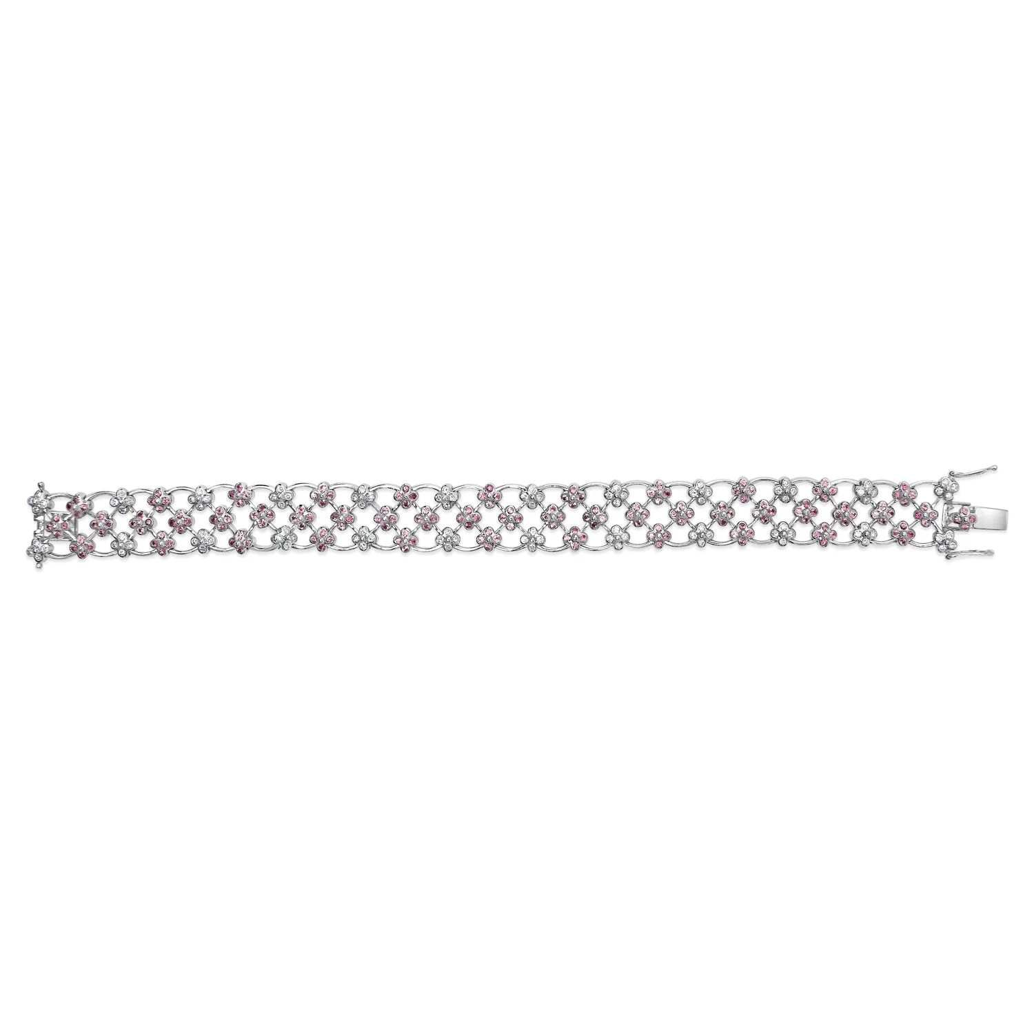 14K White Gold Pink Sapphire and Diamond Floral Lattice Link Bracelet - 7.25" Inches - Image 3