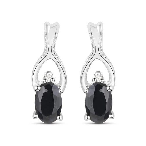 14K White Gold Plated 1.11 Carat Genuine Black Sapphire and White Diamond .925 Sterling Silver Earrings