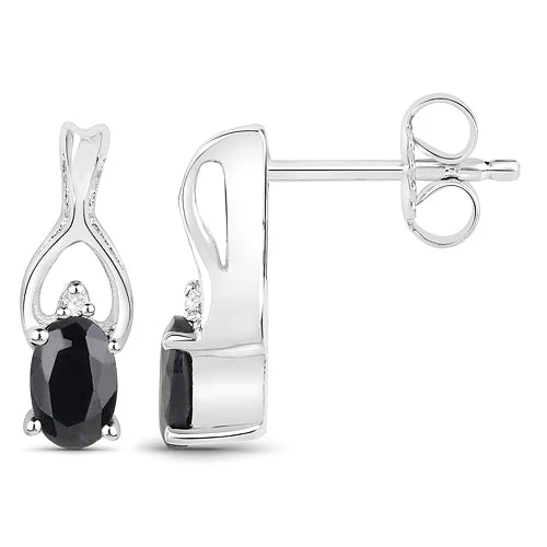 14K White Gold Plated 1.11 Carat Genuine Black Sapphire and White Diamond .925 Sterling Silver Earrings - Image 2