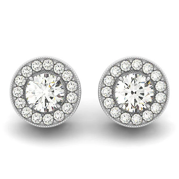 14k White Gold Round Diamond Halo Milgrain Border Earrings (3/4 cttw)