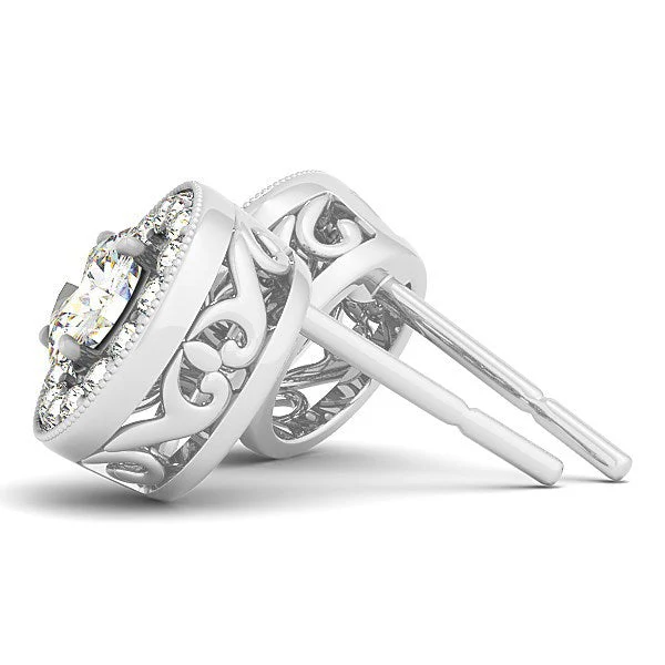 14k White Gold Round Diamond Halo Milgrain Border Earrings (3/4 cttw) - Image 2