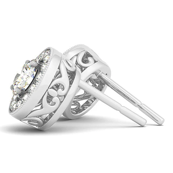 14k White Gold Round Diamond Halo Milgrain Border Earrings (3/4 cttw) - Image 5